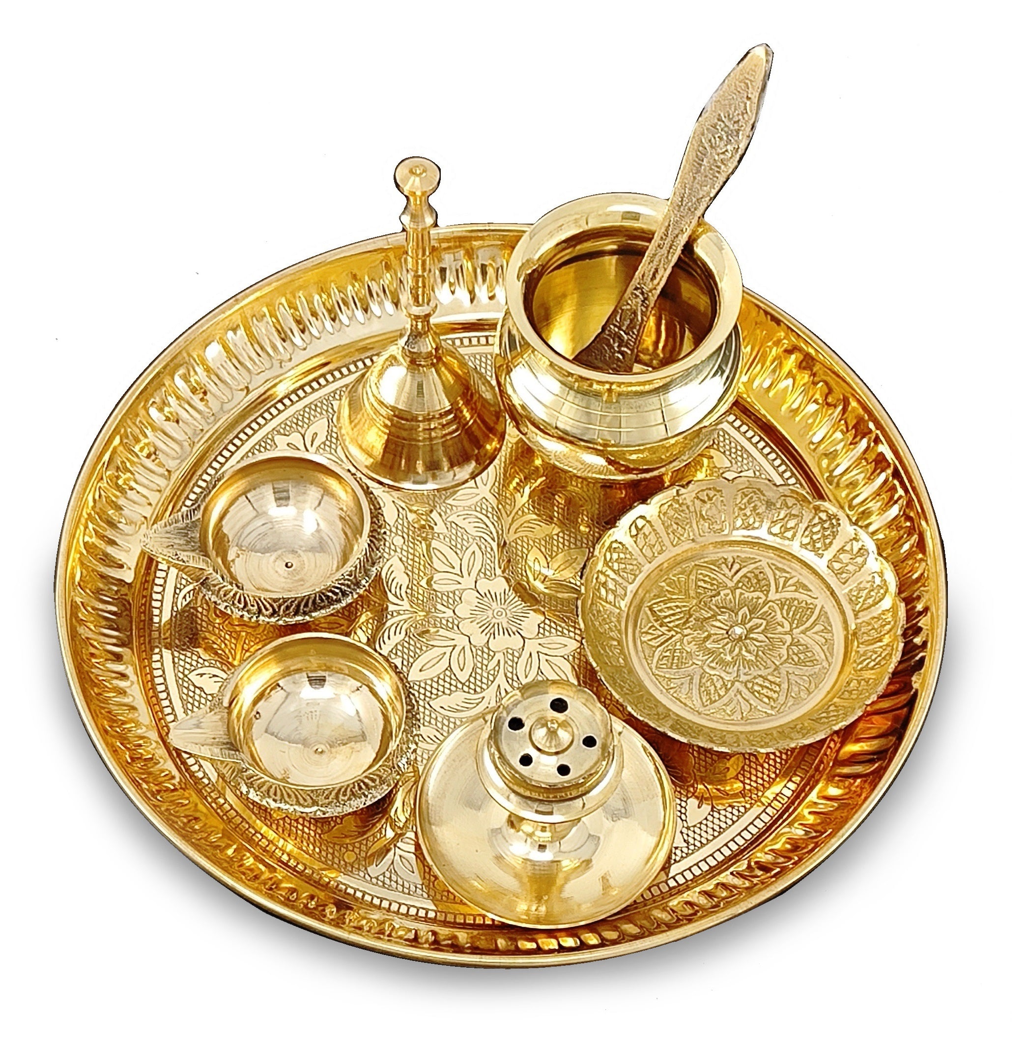 BENGALEN Brass Pooja Thali Set 7 Inch with Pital Puja Plate Kalash Bowl Spoon Dhup Dan Palli Ghanti Kuber Diya Chandan Wati Arti Thali for Diwali Home Office Mandir Wedding Return Gift Items