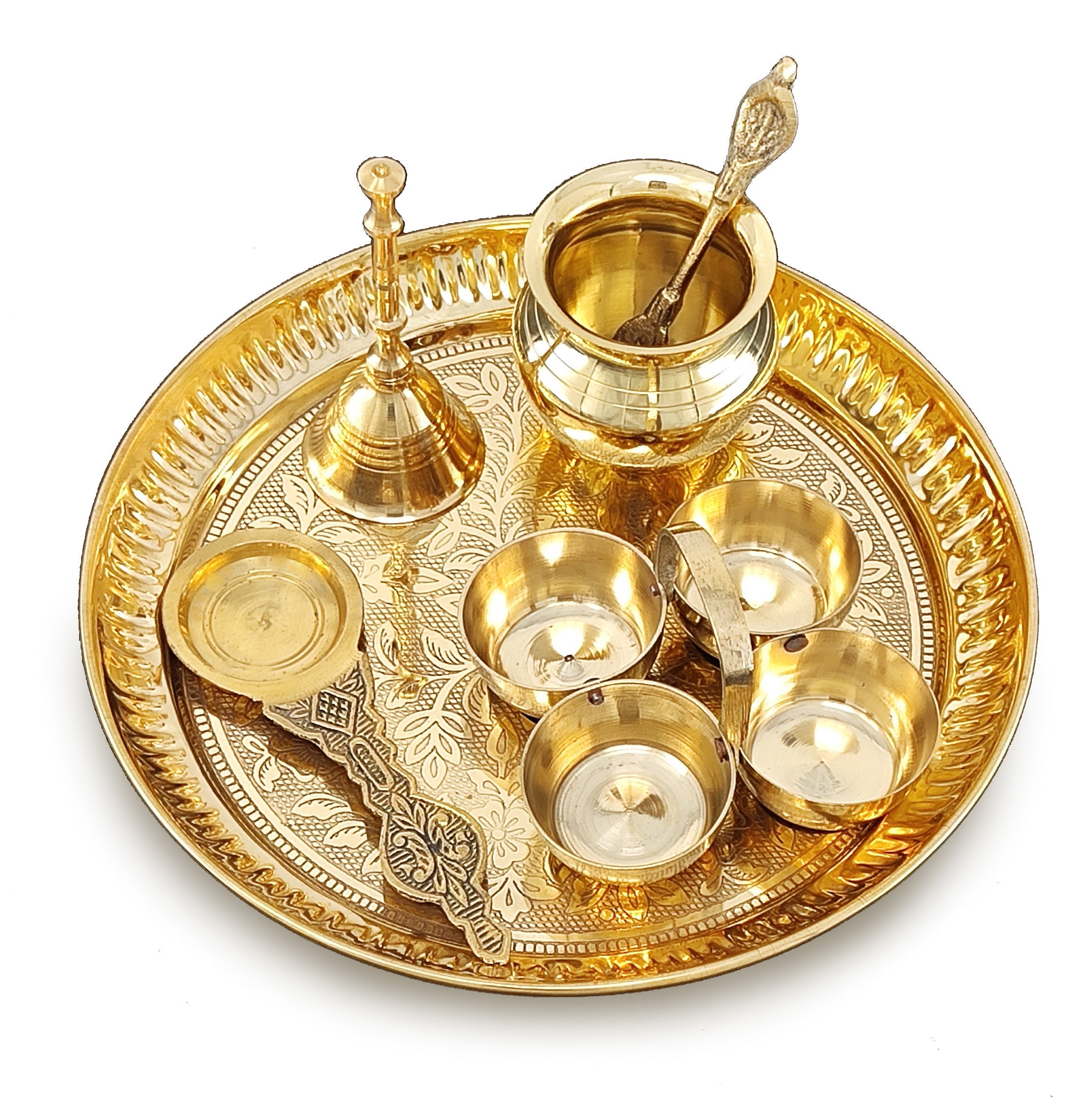 BENGALEN Brass Pooja Thali Set 7 Inch with Pital Puja Plate Kalash Bowl Spoon Dhup Dan Palli Ghanti Kuber Diya Chandan Wati Arti Thali for Diwali Home Office Mandir Wedding Return Gift Items