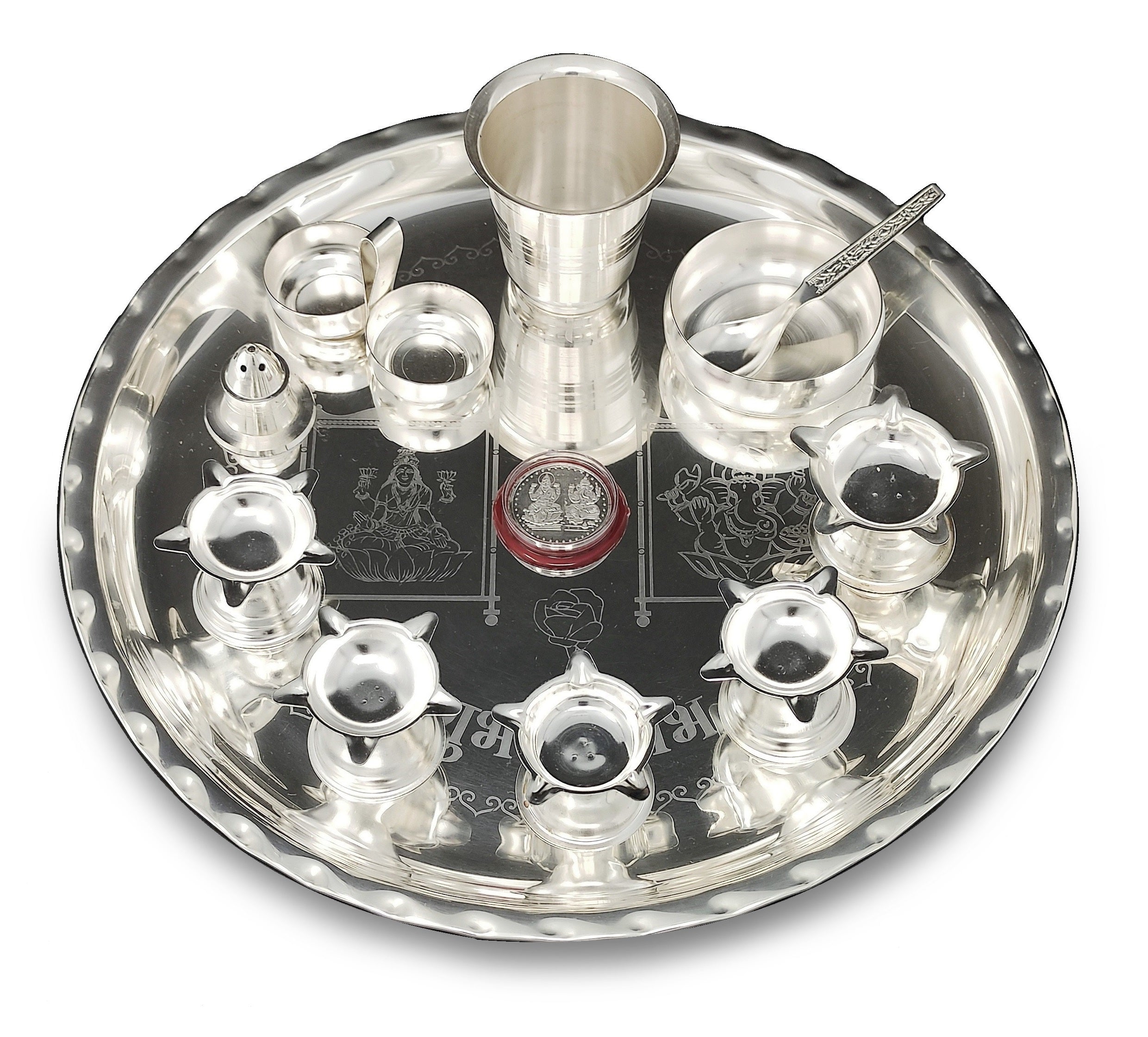 BENGALEN Silver Plated Pooja Thali Set 12 Inch with Designed Puja Thali Glass Bowl Dhup Dan Haldi Kumkum Stand Diya Spoon Coin for Home Mandir Office Wedding Return Gift Items