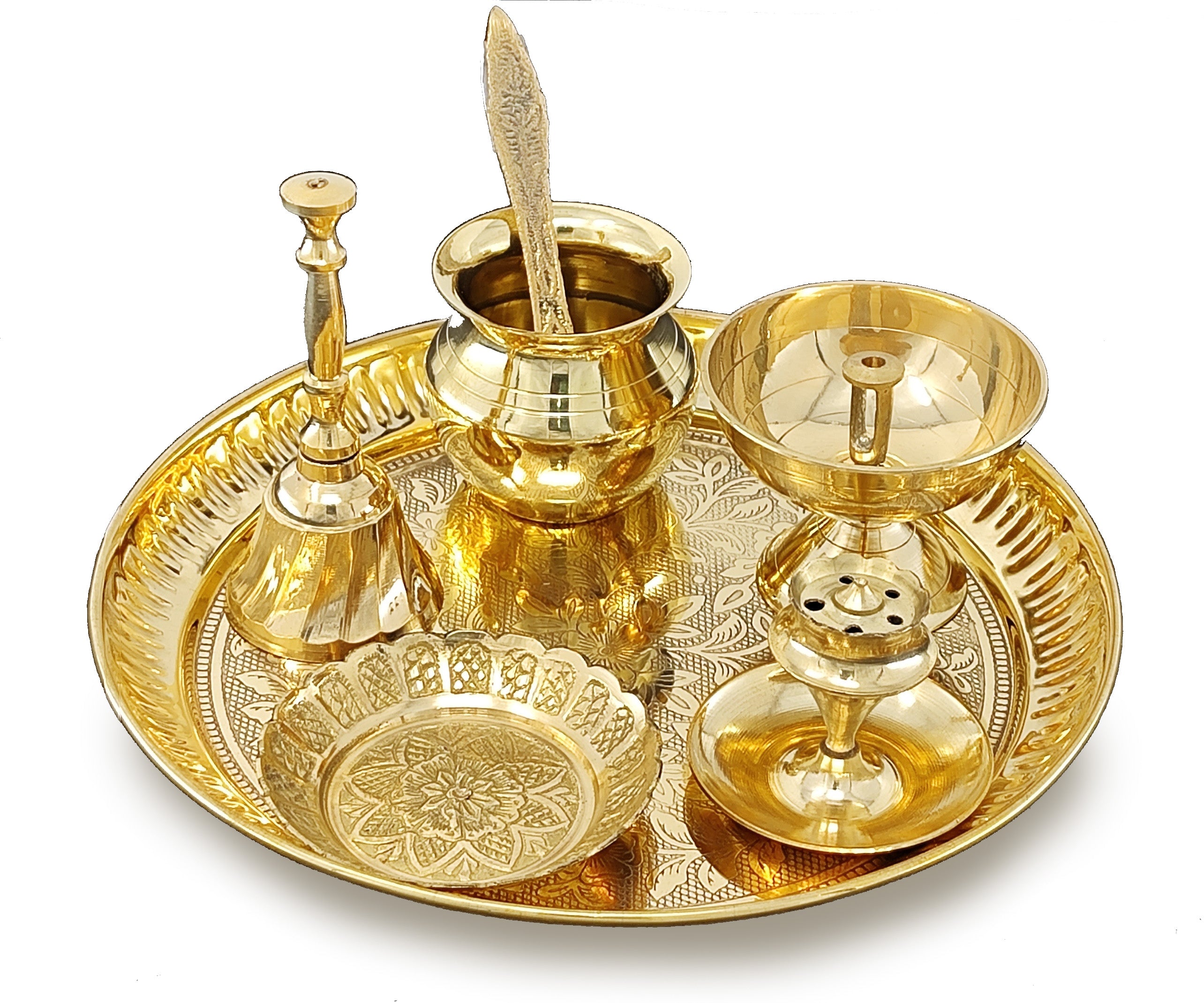 BENGALEN Brass Pooja Thali Set 7 Inch with Pital Puja Plate Kalash Bowl Spoon Dhup Dan Palli Ghanti Kuber Diya Chandan Wati Arti Thali for Diwali Home Office Mandir Wedding Return Gift Items