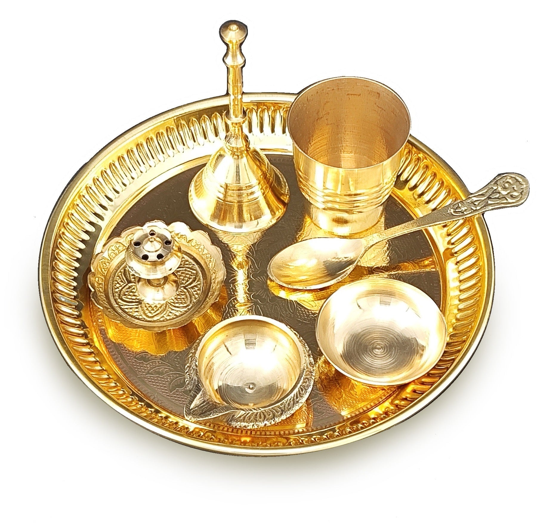 BENGALEN Brass Pooja Thali Set 6 Inch Puja Thali with Pital Plate Glass Chandan Wati Spoon Kuber Diya Dhup Dan Ghanti Arti Thali for Diwali Home Office Mandir Wedding Return Gift Items