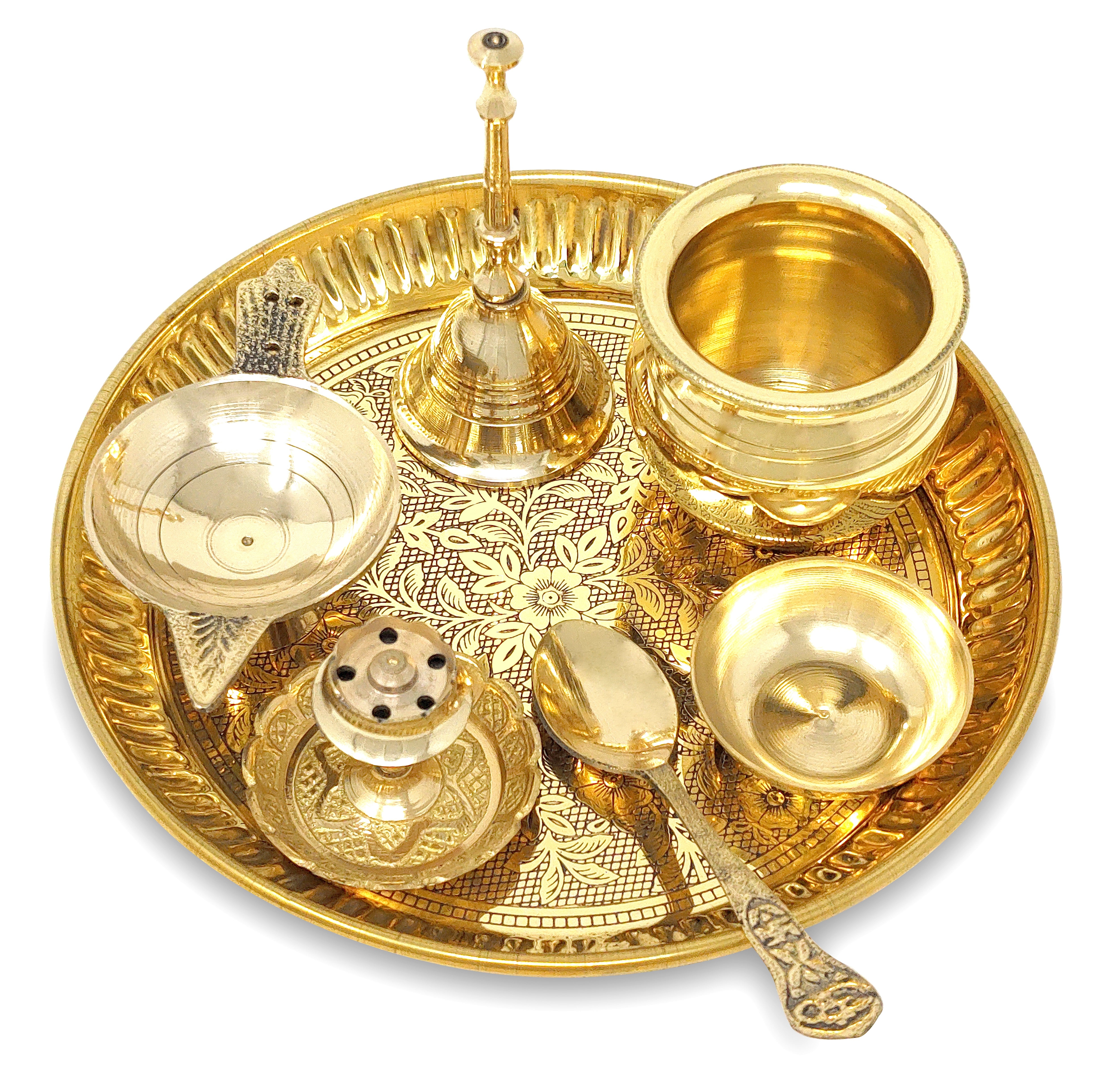 BENGALEN Brass Pooja Thali Set 6 Inch Puja Thali with Pital Plate Kalash Spoon Chandan Wati Dhup Dan Diya Ghanti Arti Thali for Diwali Home Office Mandir Wedding Return Gift Items