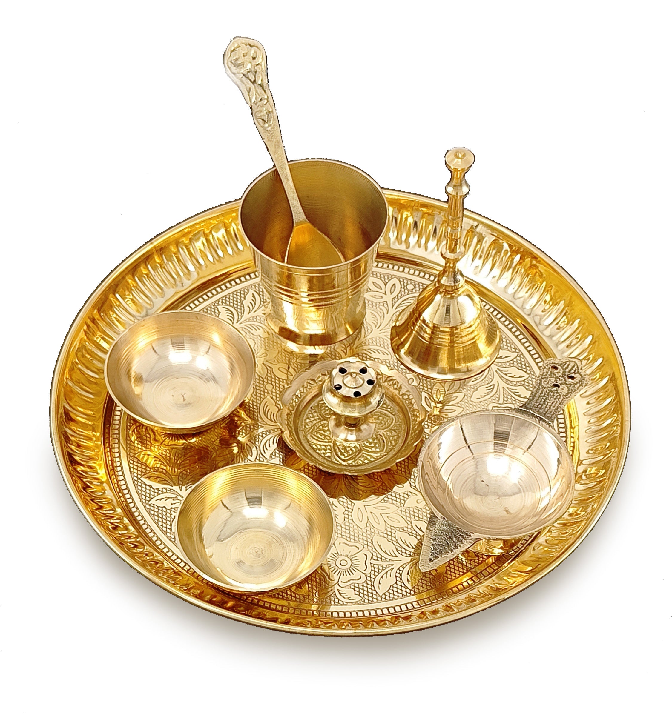 BENGALEN Brass Pooja Thali Set 7 Inch with Pital Puja Plate Kalash Bowl Spoon Dhup Dan Palli Ghanti Kuber Diya Chandan Wati Arti Thali for Diwali Home Office Mandir Wedding Return Gift Items