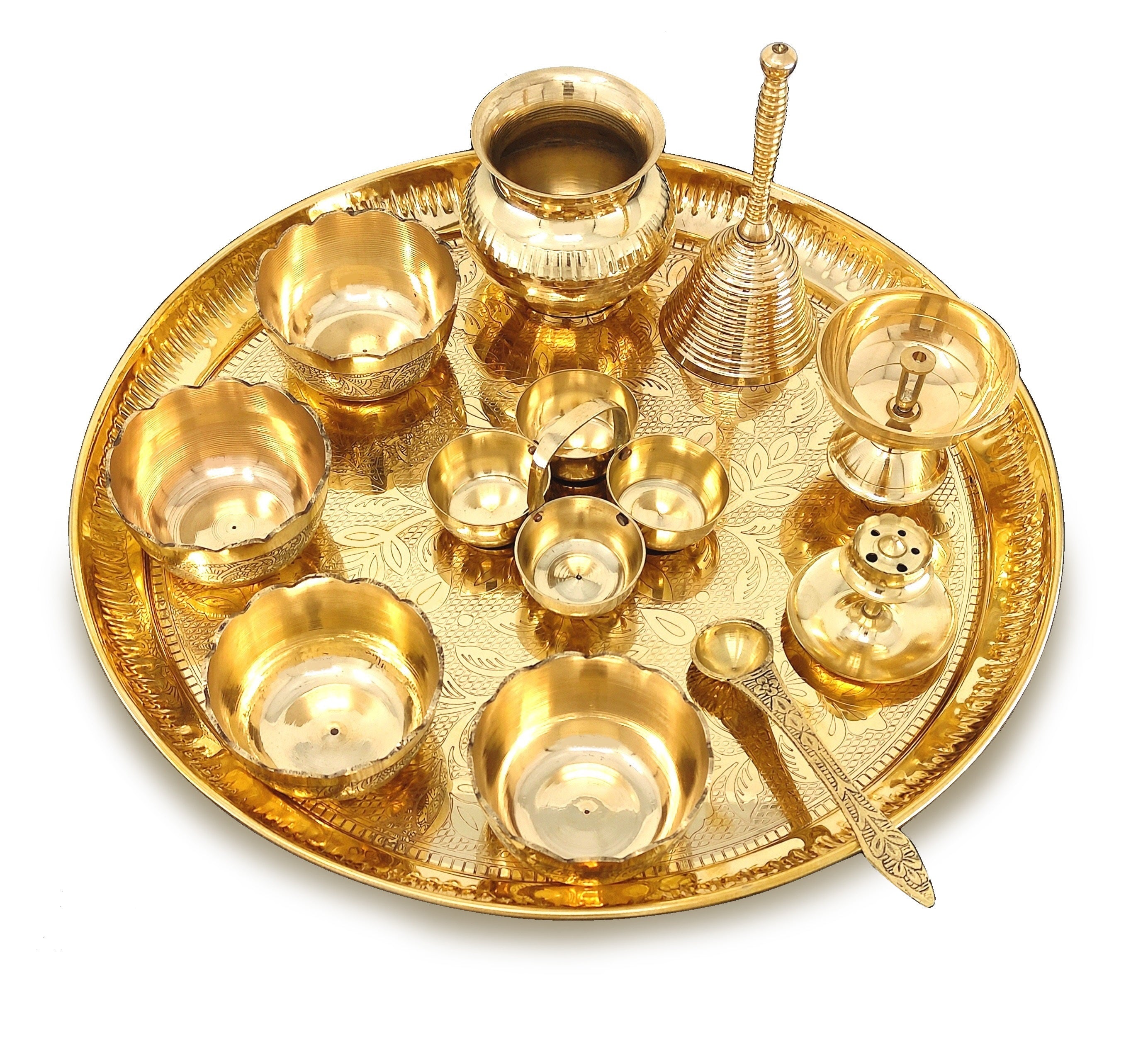 Bengalen Brass Pooja Thali Set 12 Inch with Pital Plate Kalash Bowl Spoon Haldi Kumkum Stand Ghanti Piyali Diya Puja Thali for Diwali Home Office Mandir Wedding Return Gift Items