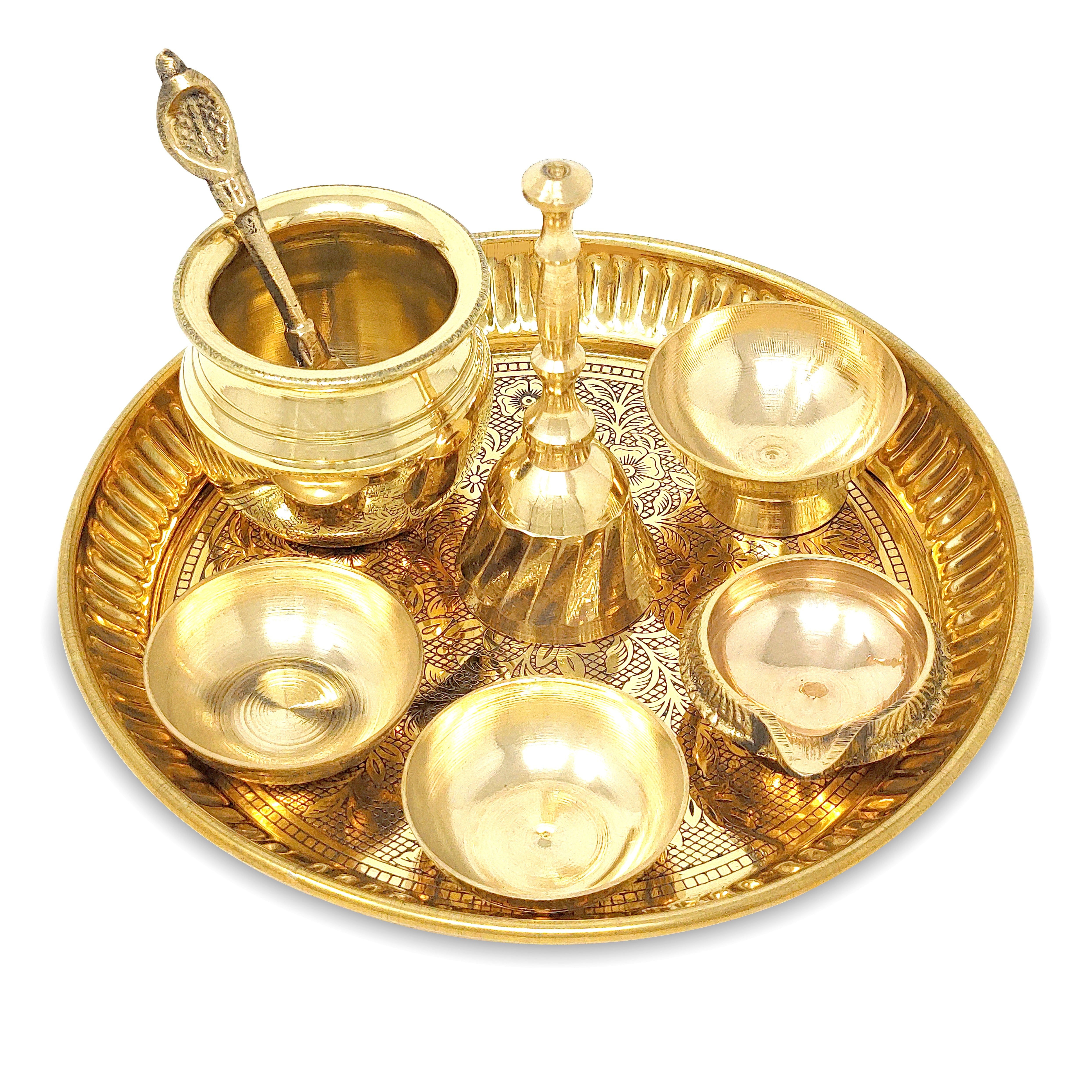 BENGALEN Brass Pooja Thali Set 6 Inch Puja Thali with Pital Plate Chandan Wati Kalash Kuber Diya Ghanti Palli Arti Thali for Diwali Home Office Mandir Wedding Return Gift Items