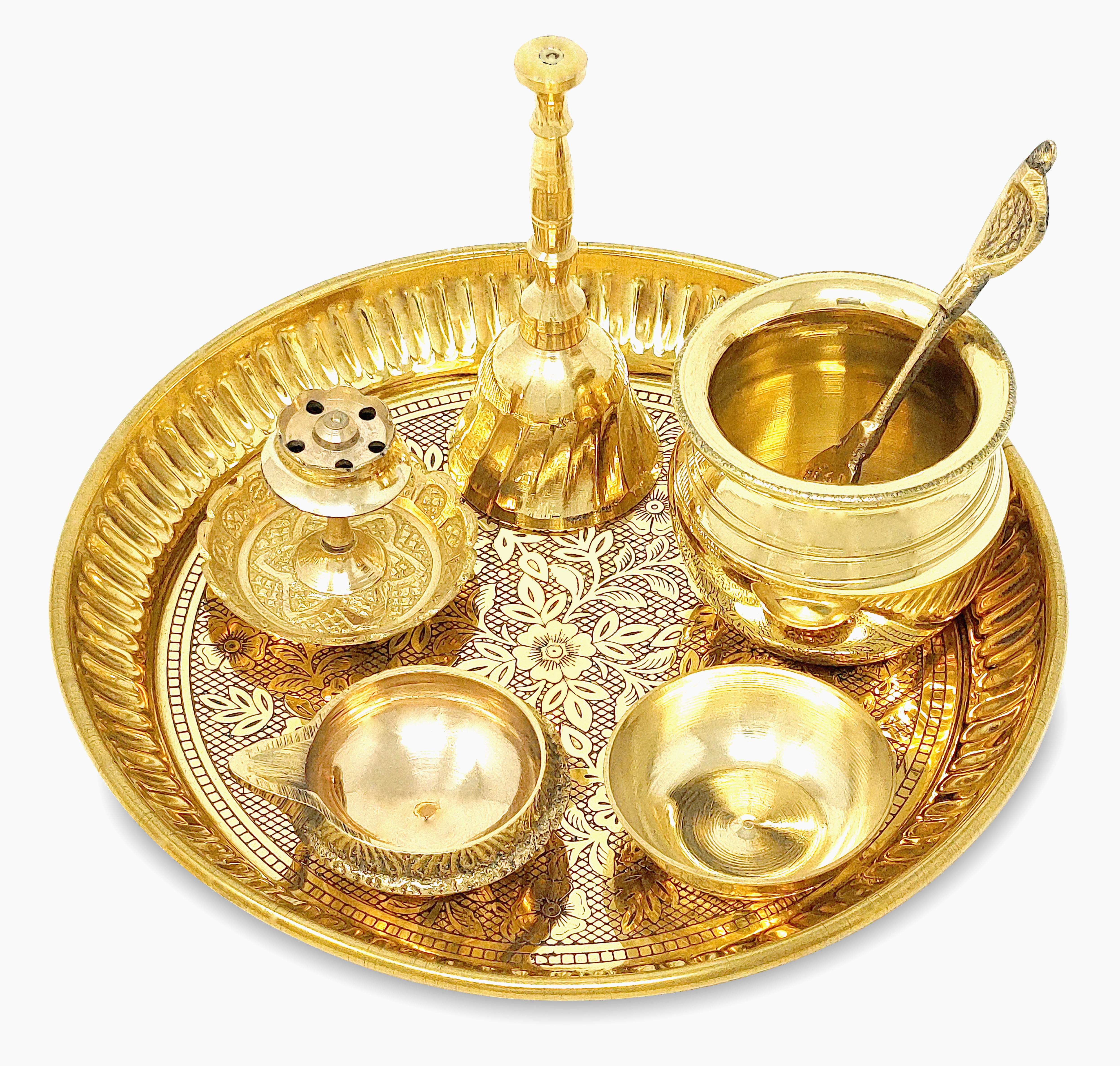 BENGALEN Brass Pooja Thali Set 6 Inch Puja Thali with Pital Plate Kalash Kuber Diya Chandan Wati Agarbatti Stand Ghanti Palli Arti Thali for Diwali Home Office Mandir Wedding Return Gift Items