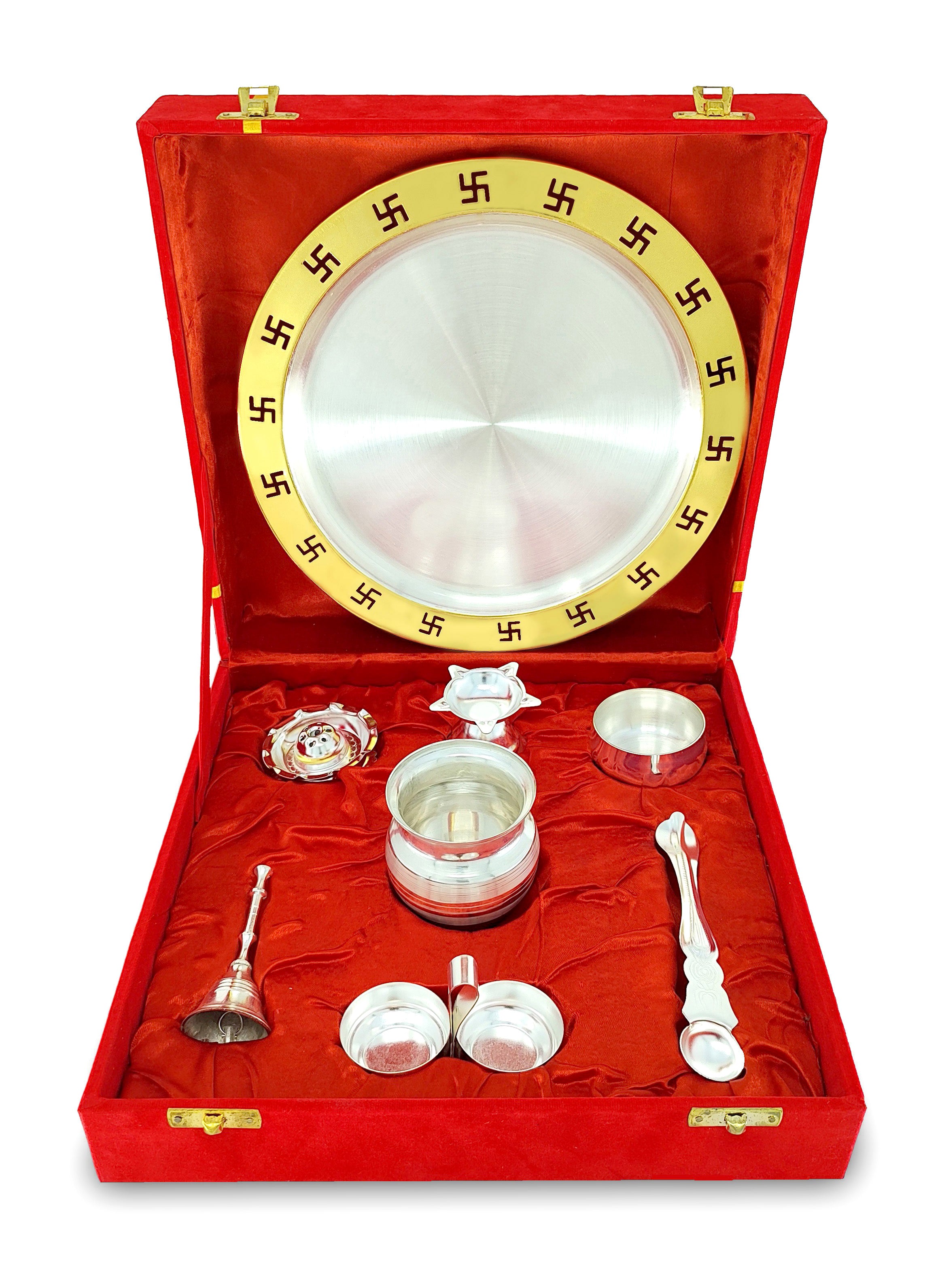 BENGALEN Pooja Thali Set 9 Inch Gold & Silver Plated with Red Gift Box
