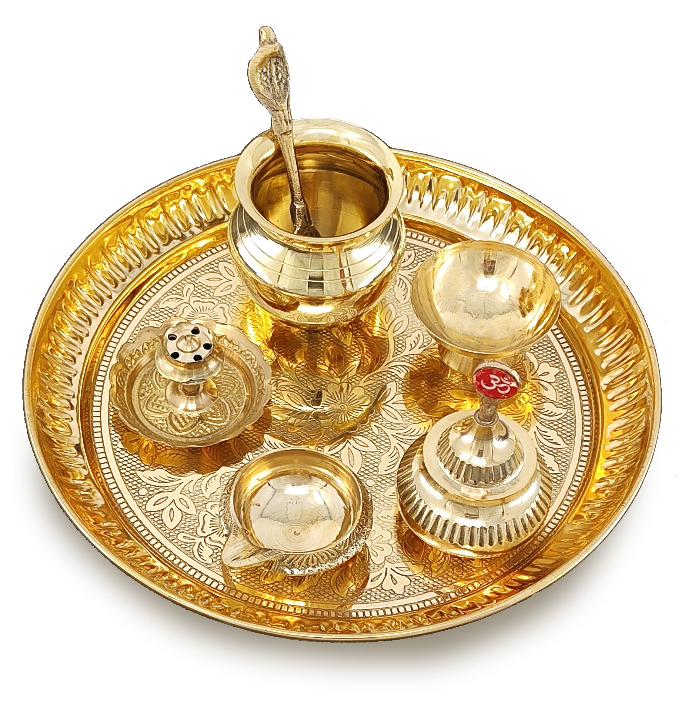 BENGALEN Brass Pooja Thali Set 7 Inch with Pital Puja Plate Kalash Bowl Spoon Dhup Dan Palli Ghanti Kuber Diya Chandan Wati Arti Thali for Diwali Home Office Mandir Wedding Return Gift Items