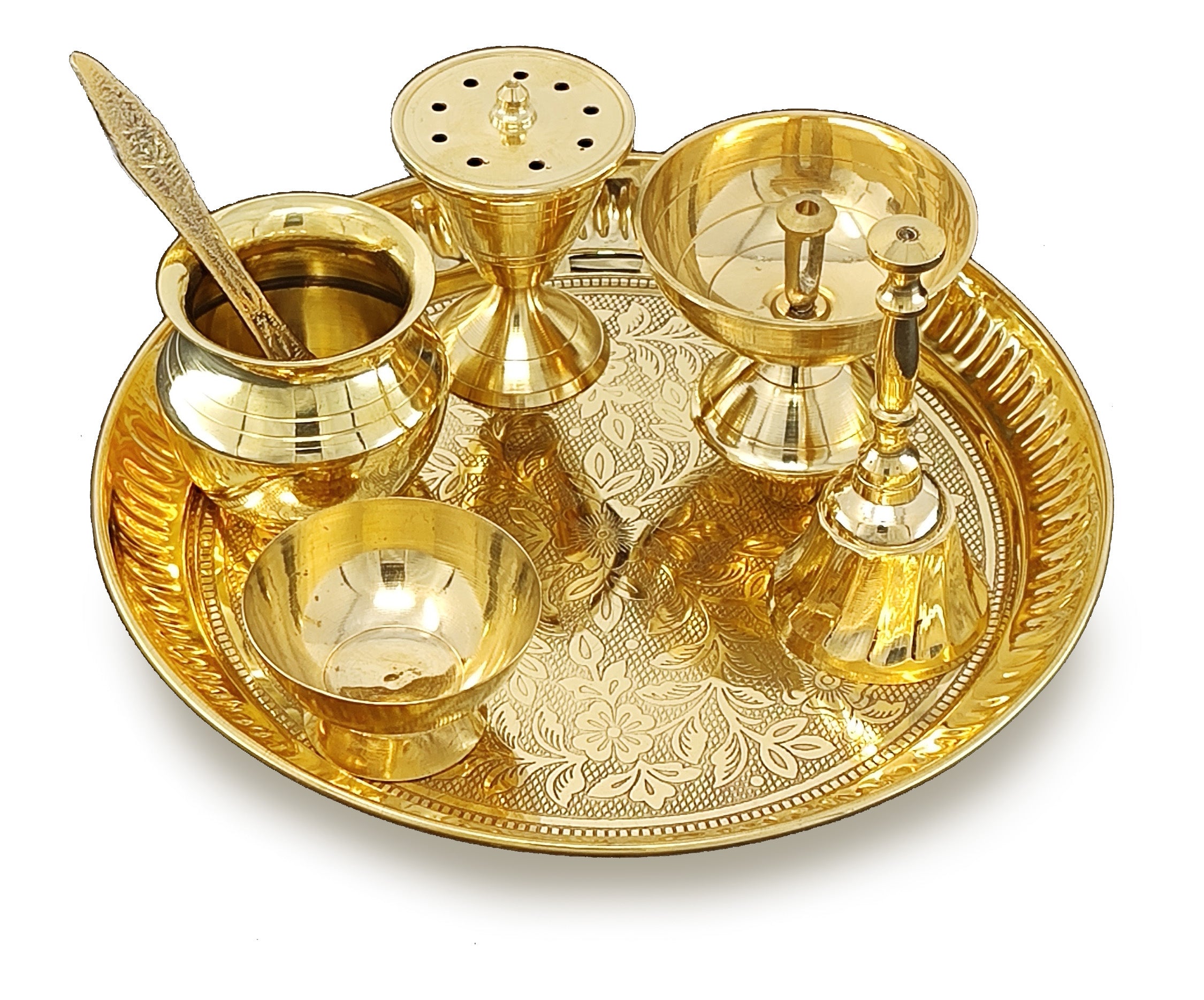 BENGALEN Brass Pooja Thali Set 7 Inch with Pital Puja Plate Kalash Bowl Spoon Dhup Dan Palli Ghanti Kuber Diya Chandan Wati Arti Thali for Diwali Home Office Mandir Wedding Return Gift Items