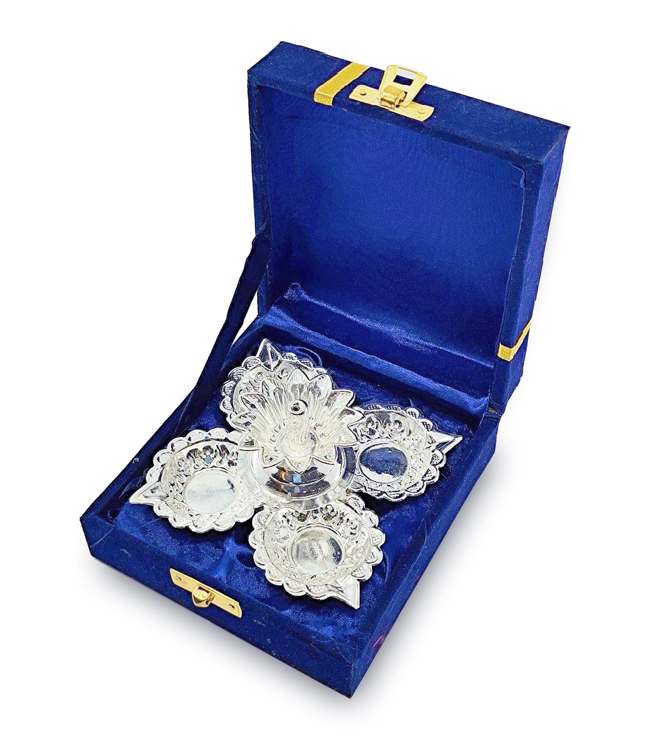 BENGALEN Silver Plated Panchmukhi Diya with Blue Velvet Gift Box Pooja Items Diwali Decoration Puja Gifts Handmade Gift Items