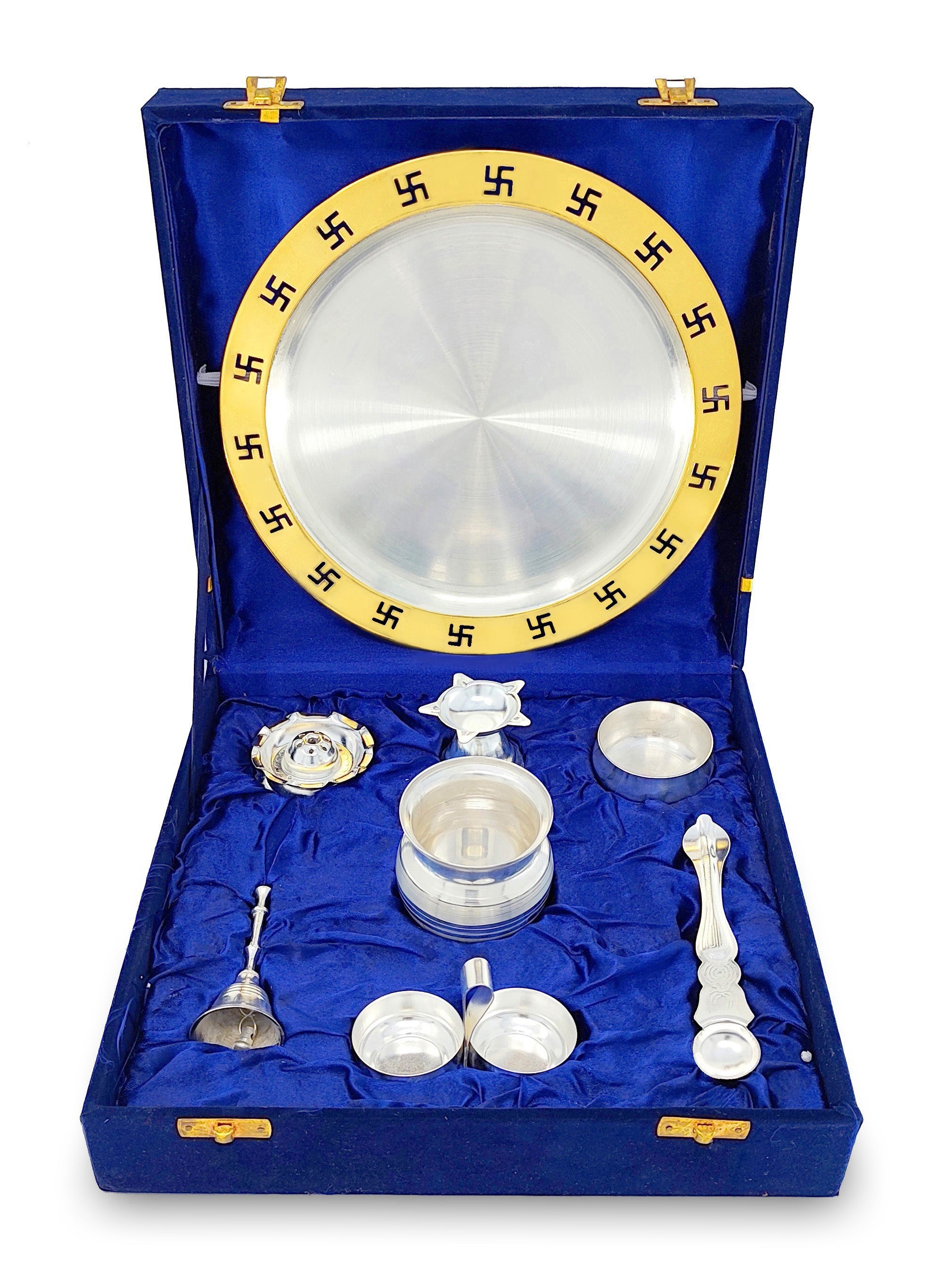 BENGALEN Pooja Thali Set 9 Inch Gold & Silver Plated with Blue Gift Box