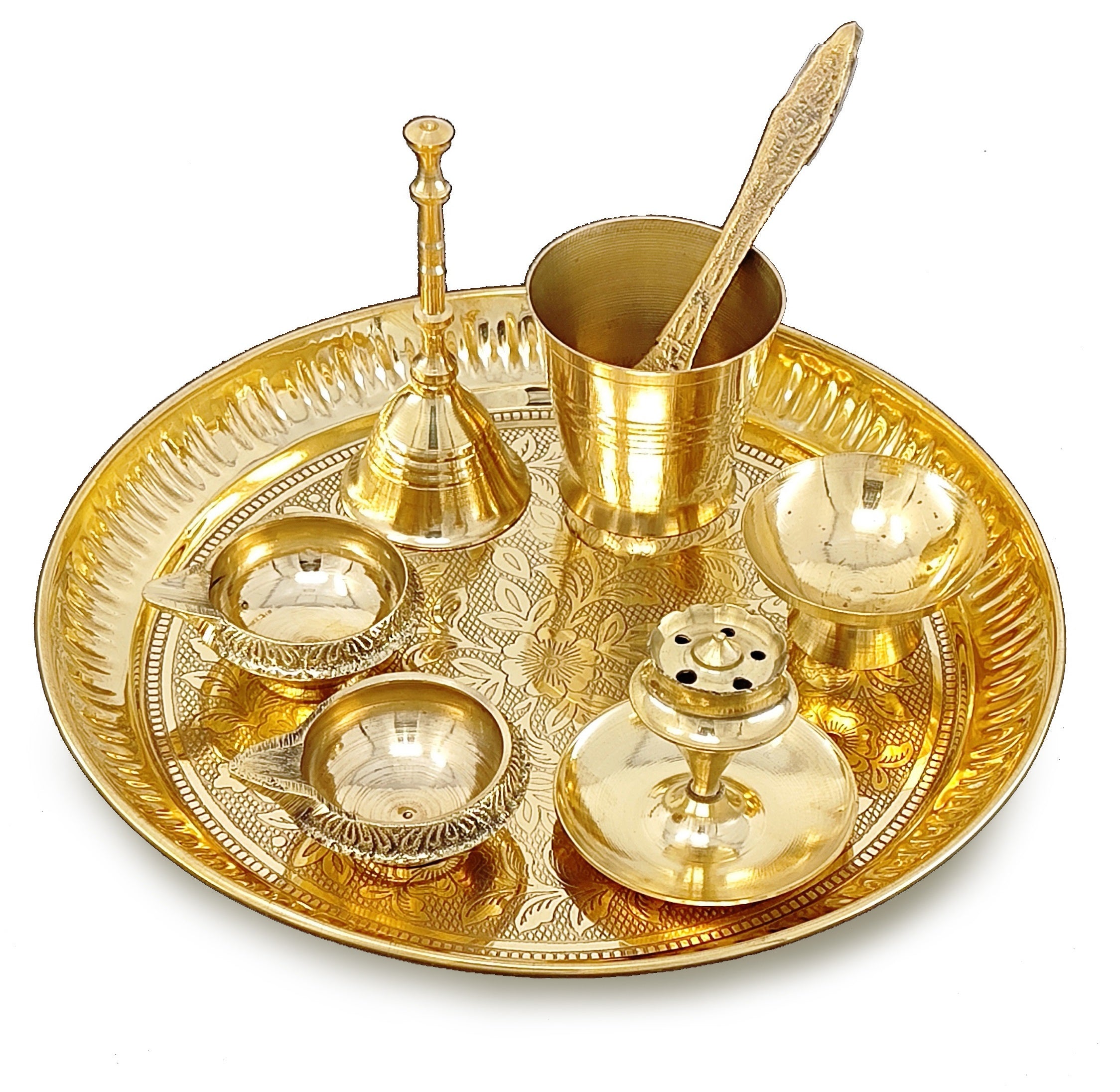 BENGALEN Brass Pooja Thali Set 7 Inch with Pital Puja Plate Kalash Bowl Spoon Dhup Dan Palli Ghanti Kuber Diya Chandan Wati Arti Thali for Diwali Home Office Mandir Wedding Return Gift Items