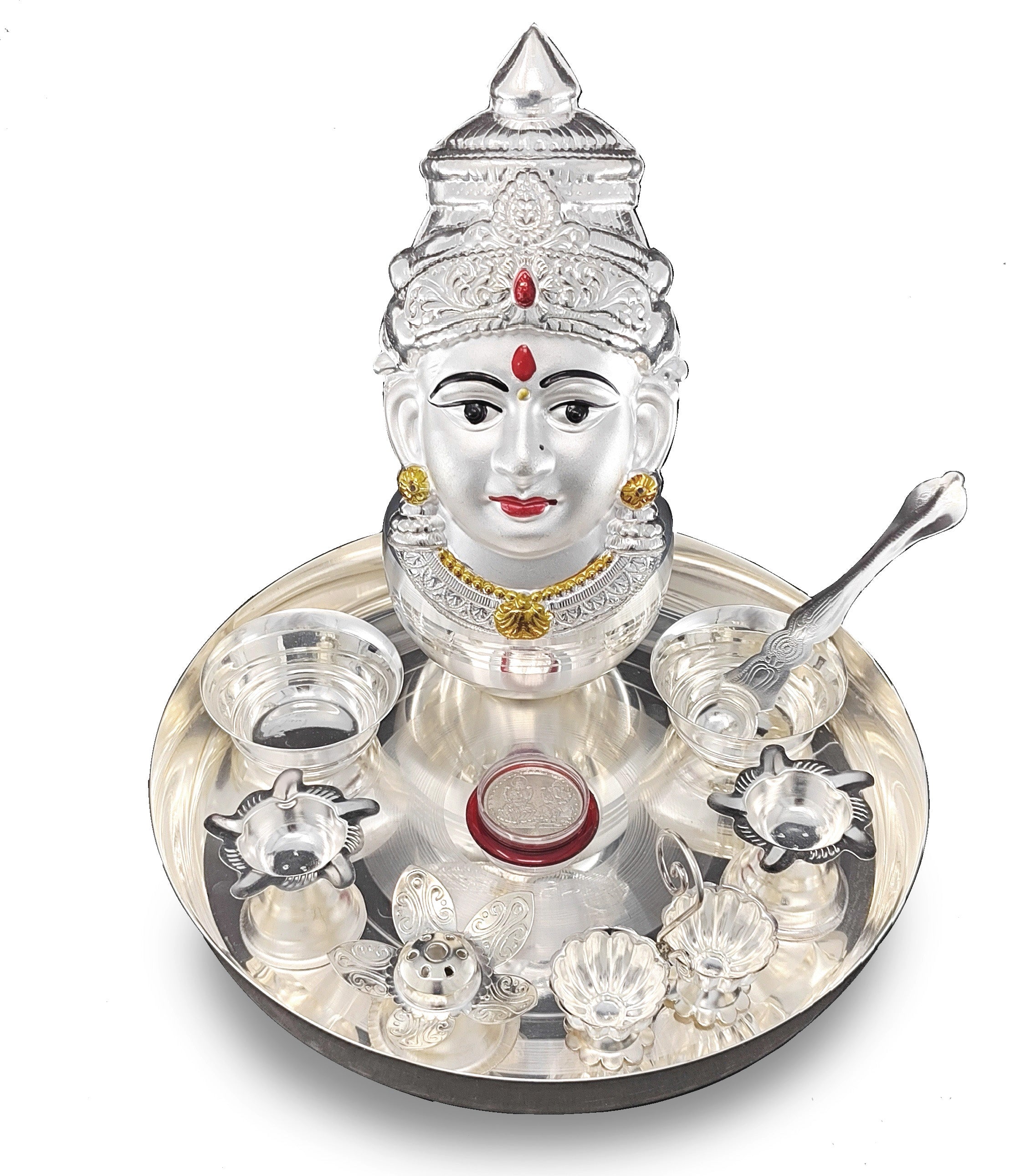 BENGALEN Silver Plated Pooja thali Set with Varalakshmi Devi Mukhota Idol Statue