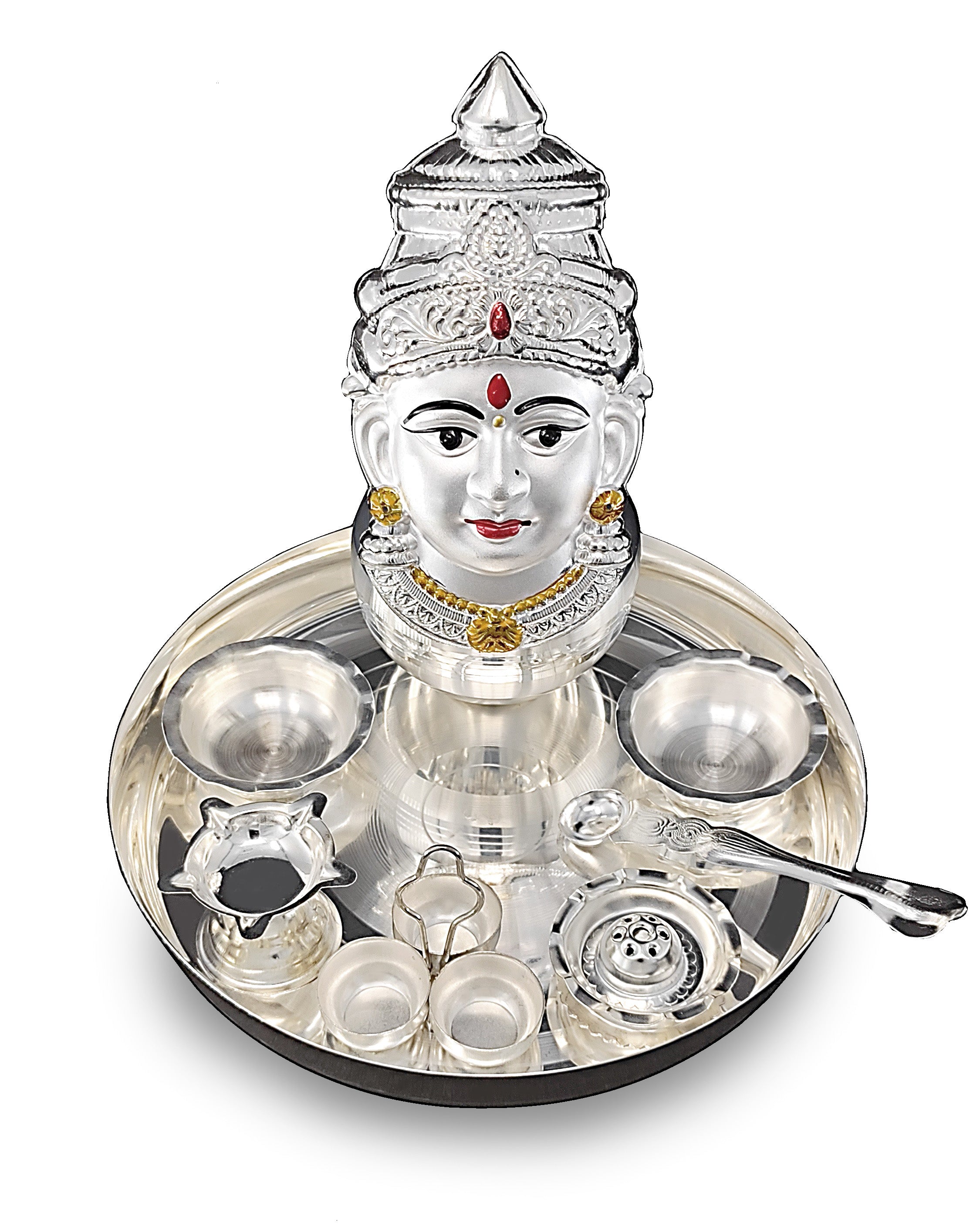 BENGALEN Silver Plated Pooja thali Set with Varalakshmi Devi Mukhota Idol Statue