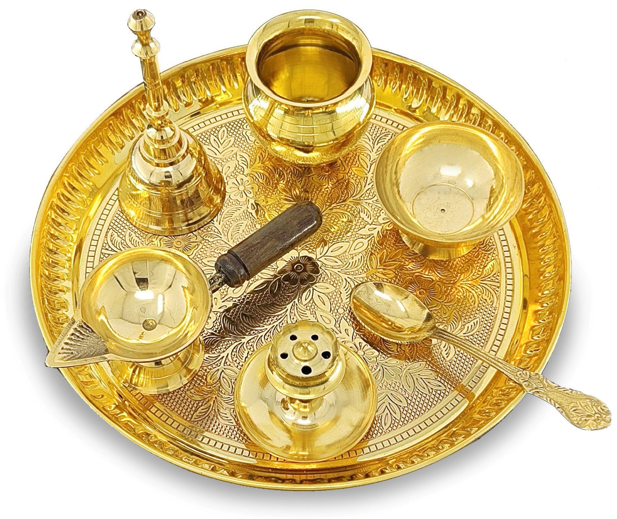 BENGALEN Brass Puja Thali Set 8 Inch Pooja Thali with Pital Plate Kalash Chandan Wati Diya Dhup Dan Ghanti Spoon Arti Thali for Diwali Home Office Mandir Wedding Return Gift Items