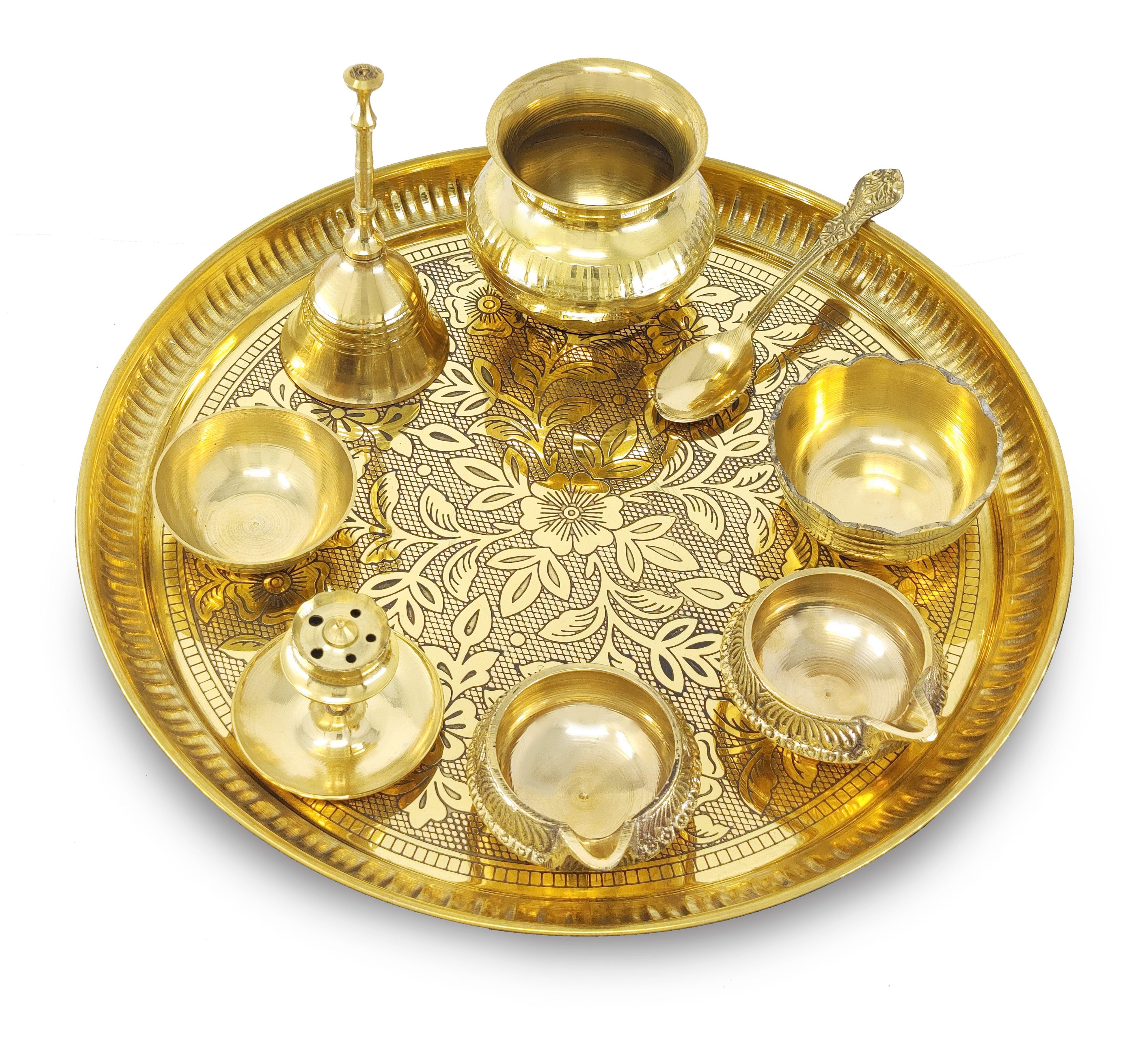 BENGALEN Brass Pooja Thali Set 10 Inch for Diwali Home Office Mandir Wedding Return Gift Items