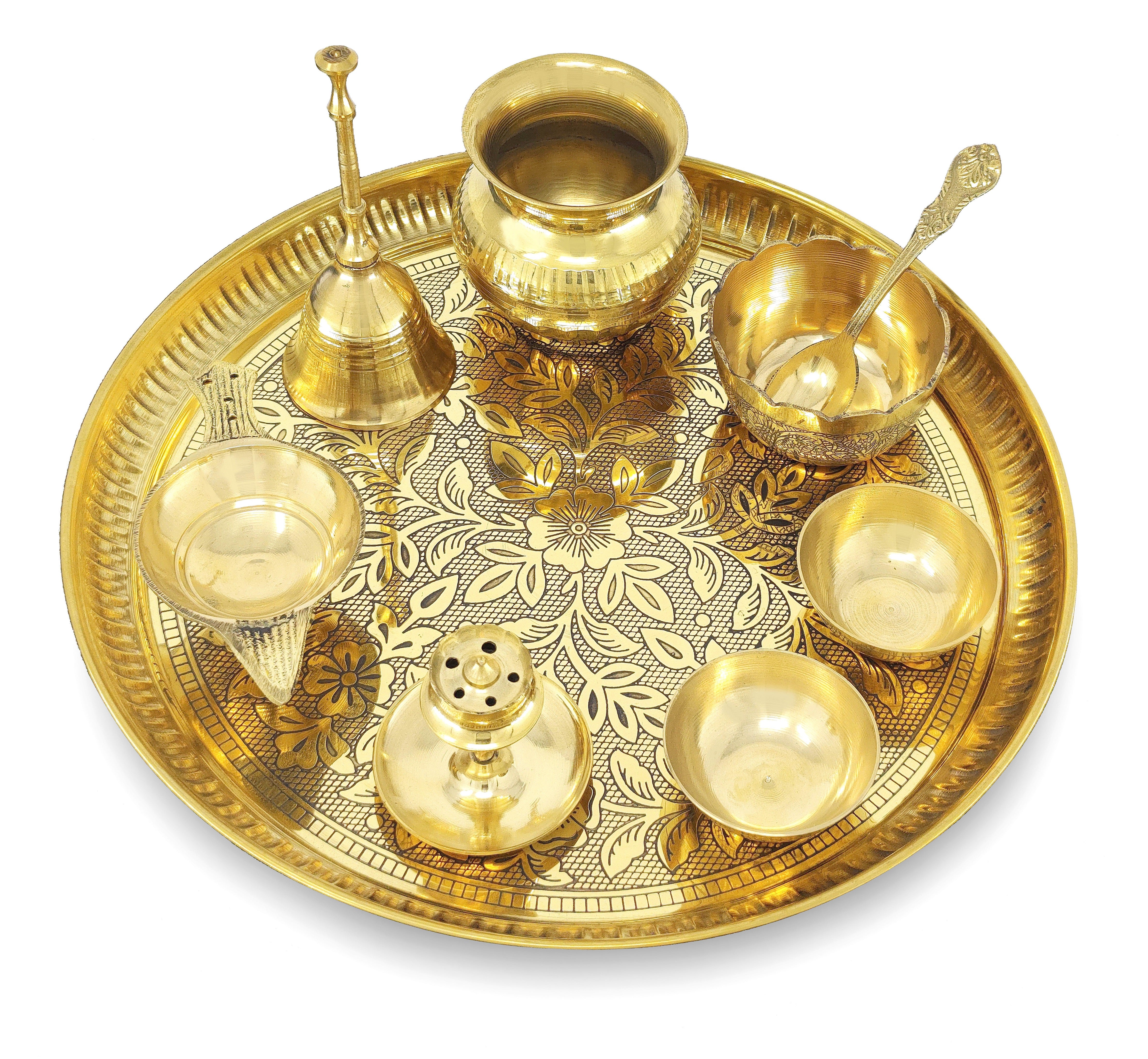BENGALEN Brass Pooja Thali Set 10 Inch for Diwali Home Office Mandir Wedding Return Gift Items