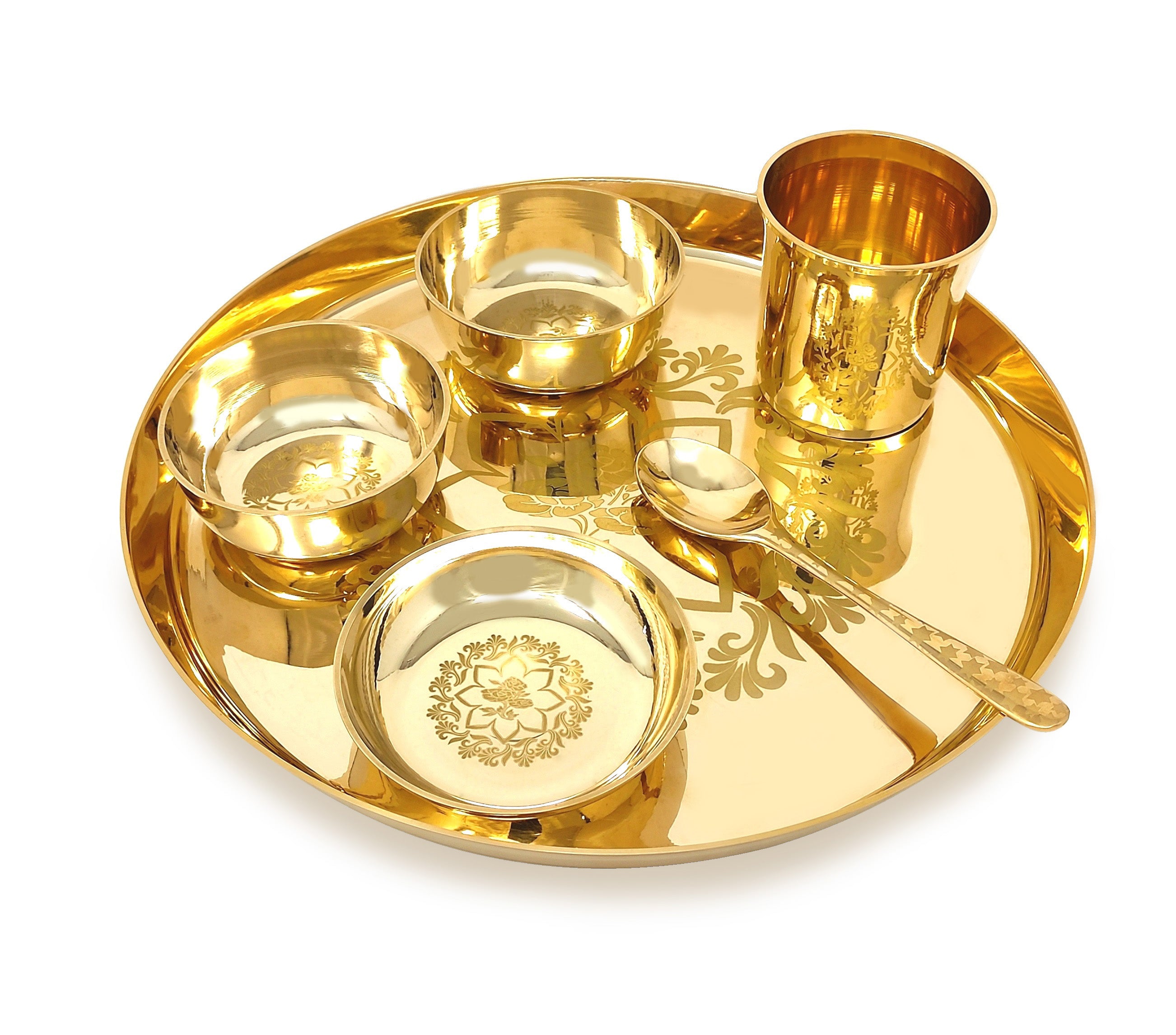 BENGALEN Brass Dinner Set 12 Inch Flower Design for Daily Use Annaprashan Sanskar Rice Ceremony Gift for Girls Boys Kids Adlut Festive Birthday Return Home Decorative Gifts Items