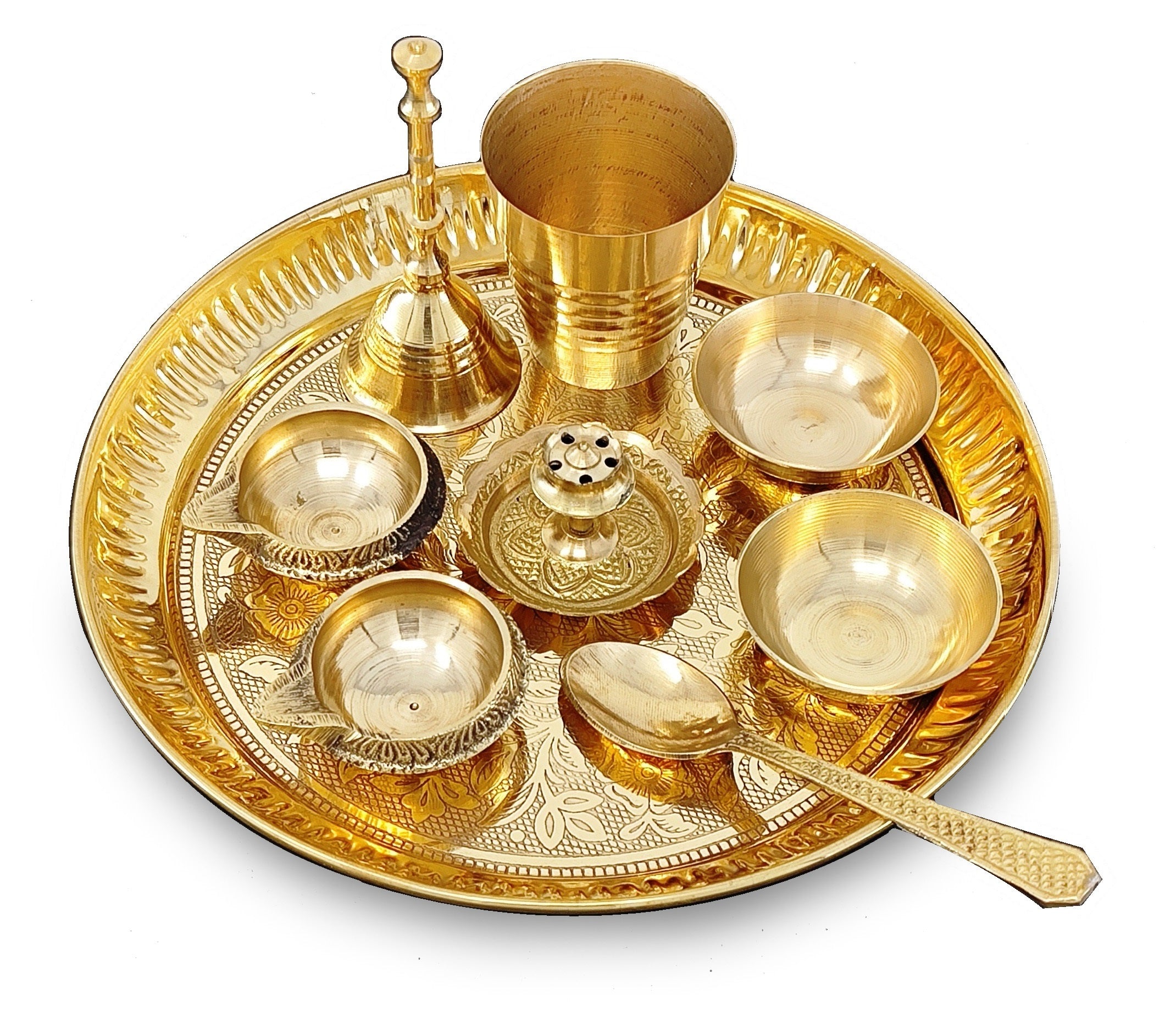 BENGALEN Brass Pooja Thali Set 7 Inch with Pital Puja Plate Kalash Bowl Spoon Dhup Dan Palli Ghanti Kuber Diya Chandan Wati Arti Thali for Diwali Home Office Mandir Wedding Return Gift Items