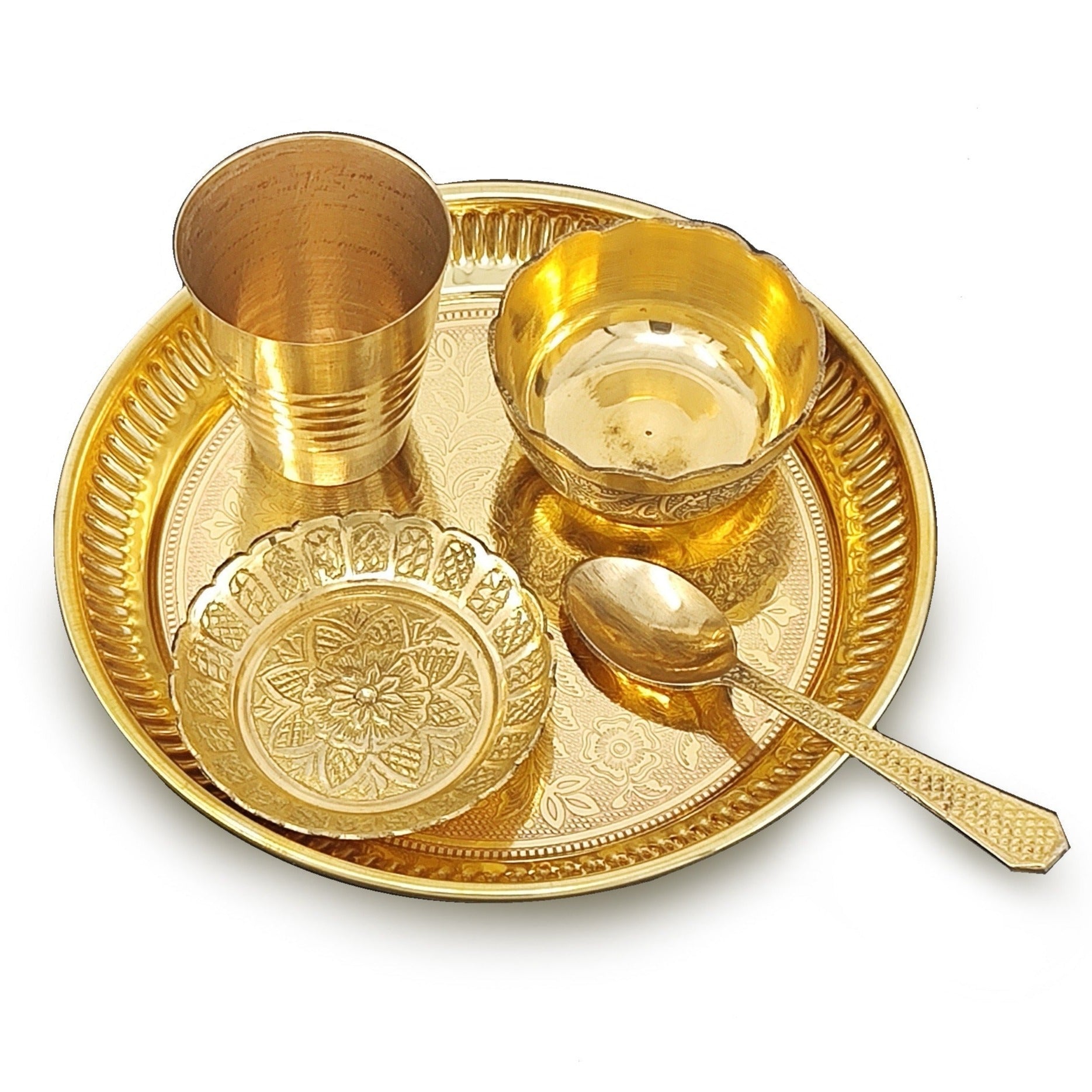 BENGALEN Brass Pooja Bhog Thali Set 6 Inch Puja Thali with Pital Plate Bowl Glass Kangura Plate Spoon Arti Thali for Diwali Home Office Mandir Wedding Return Gift Items