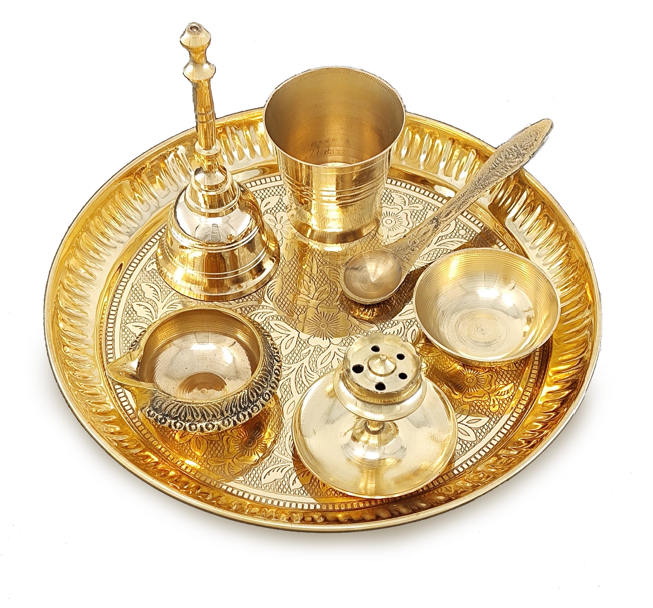 BENGALEN Brass Pooja Thali Set 7 Inch with Pital Puja Plate Kalash Bowl Spoon Dhup Dan Palli Ghanti Kuber Diya Chandan Wati Arti Thali for Diwali Home Office Mandir Wedding Return Gift Items