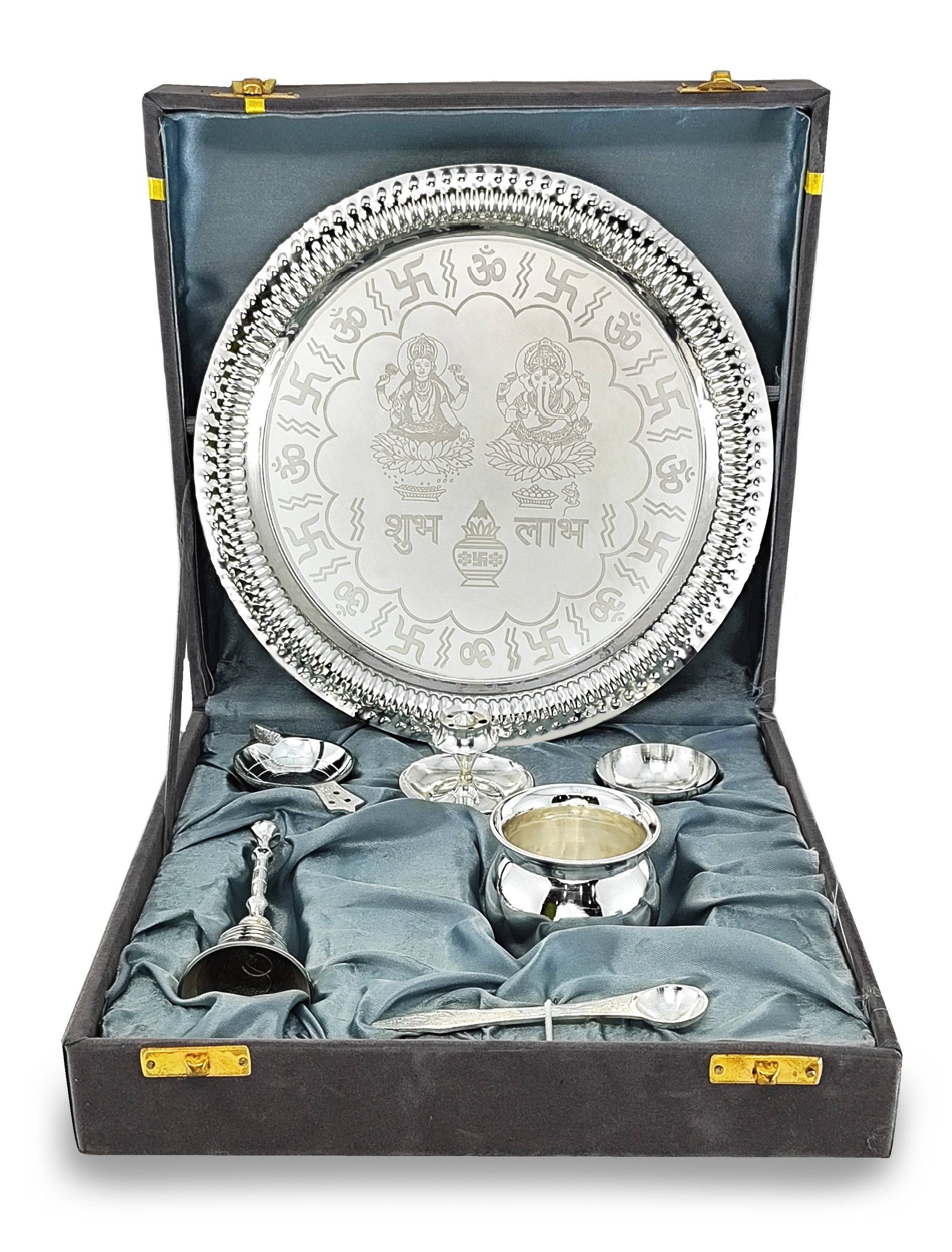 BENGALEN Pooja Thali Set Silver Plated with Gift Box Designed Puja Plate 22 CM Kalash Bowl Ghanti Spoon Dhup Dan Diya for Home Office Diwali Wedding Return Gift Items