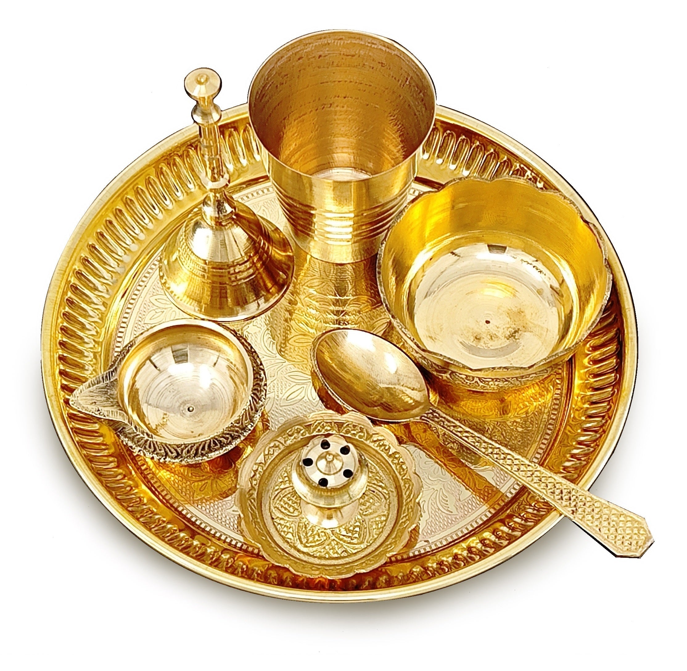 BENGALEN Brass Pooja Thali Set 6 Inch Puja Thali with Pital Plate Bowl Glass Kangura Plate Spoon Arti Thali for Diwali Home Office Mandir Wedding Return Gift Items