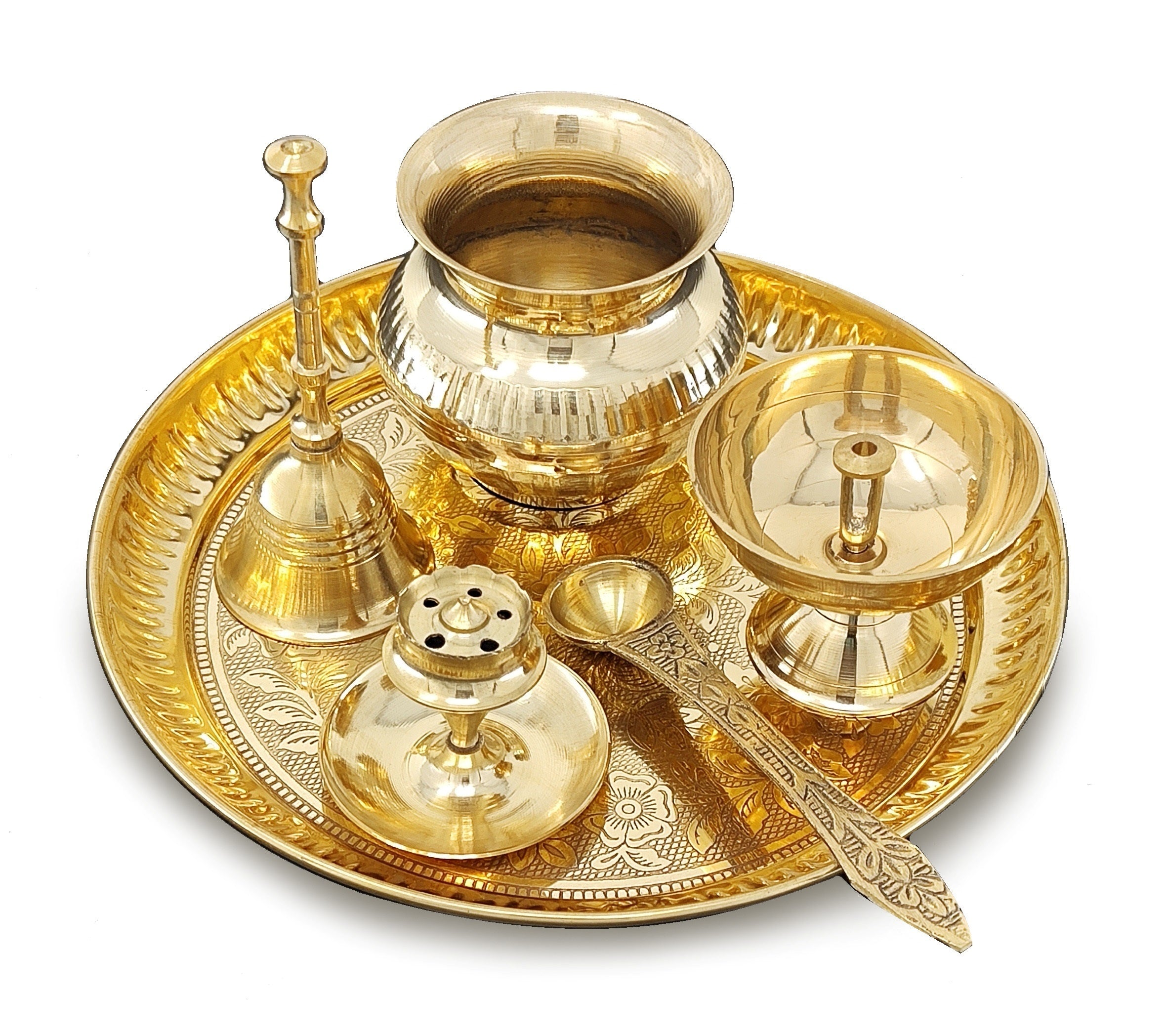BENGALEN Brass Pooja Thali Set 7 Inch with Pital Puja Plate Kalash Bowl Spoon Dhup Dan Palli Ghanti Kuber Diya Chandan Wati Arti Thali for Diwali Home Office Mandir Wedding Return Gift Items