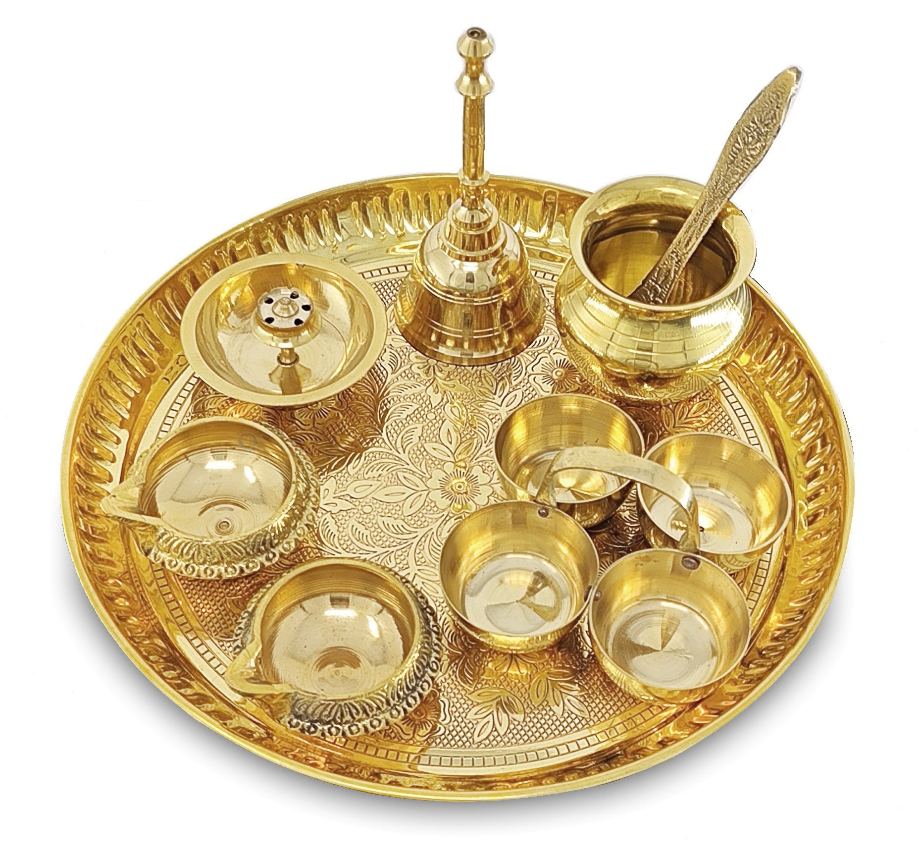 BENGALEN Brass Pooja Thali Set 8 Inch Puja Thali with Pital Plate Kalash Haldi Kumkum Stand Dhup Dan Kuber Diya Ghanti Palli Arti Thali for Diwali Home Office Mandir Wedding Return Gift Items