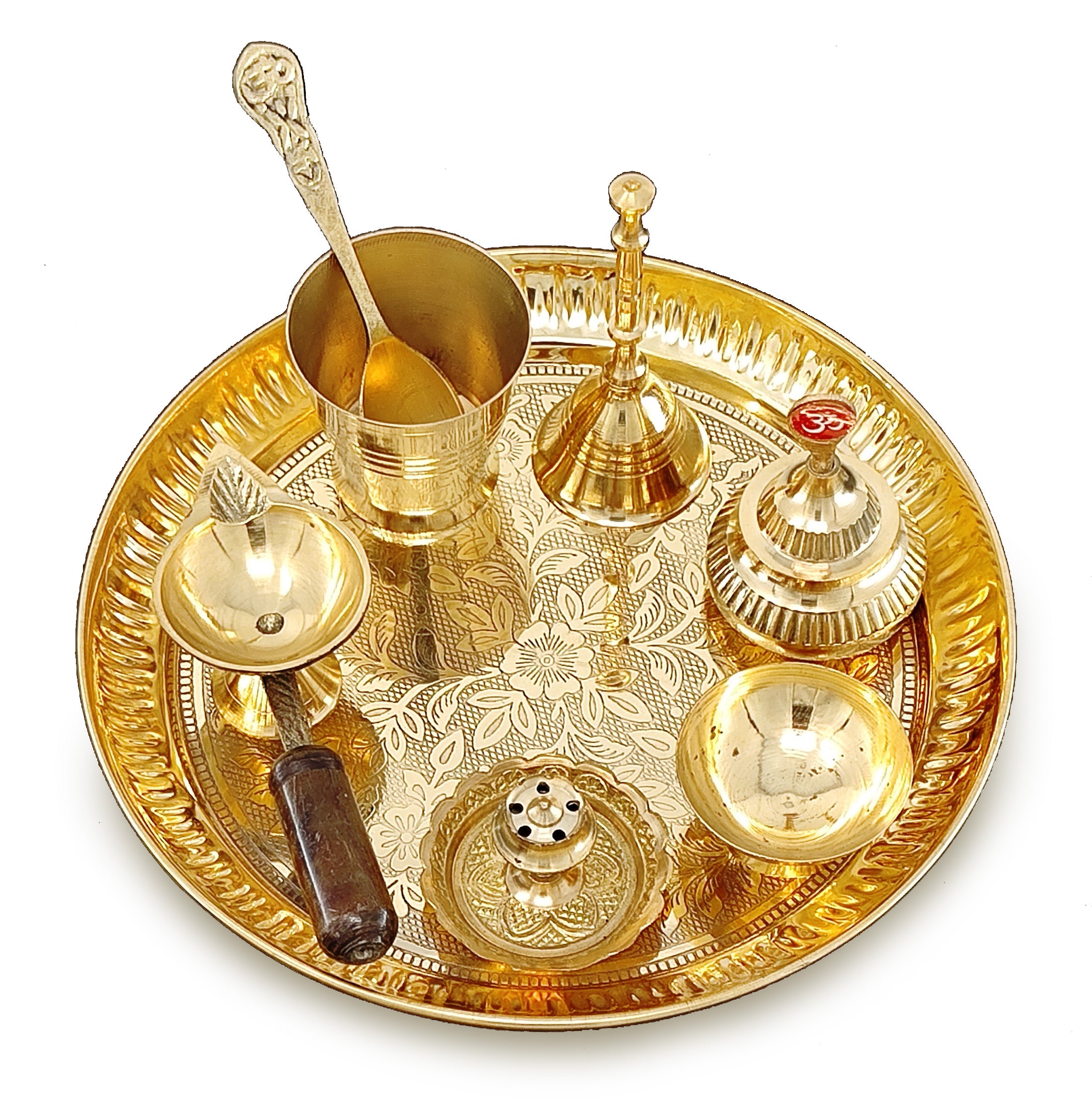 BENGALEN Brass Pooja Thali Set 7 Inch with Pital Puja Plate Kalash Bowl Spoon Dhup Dan Palli Ghanti Kuber Diya Chandan Wati Arti Thali for Diwali Home Office Mandir Wedding Return Gift Items