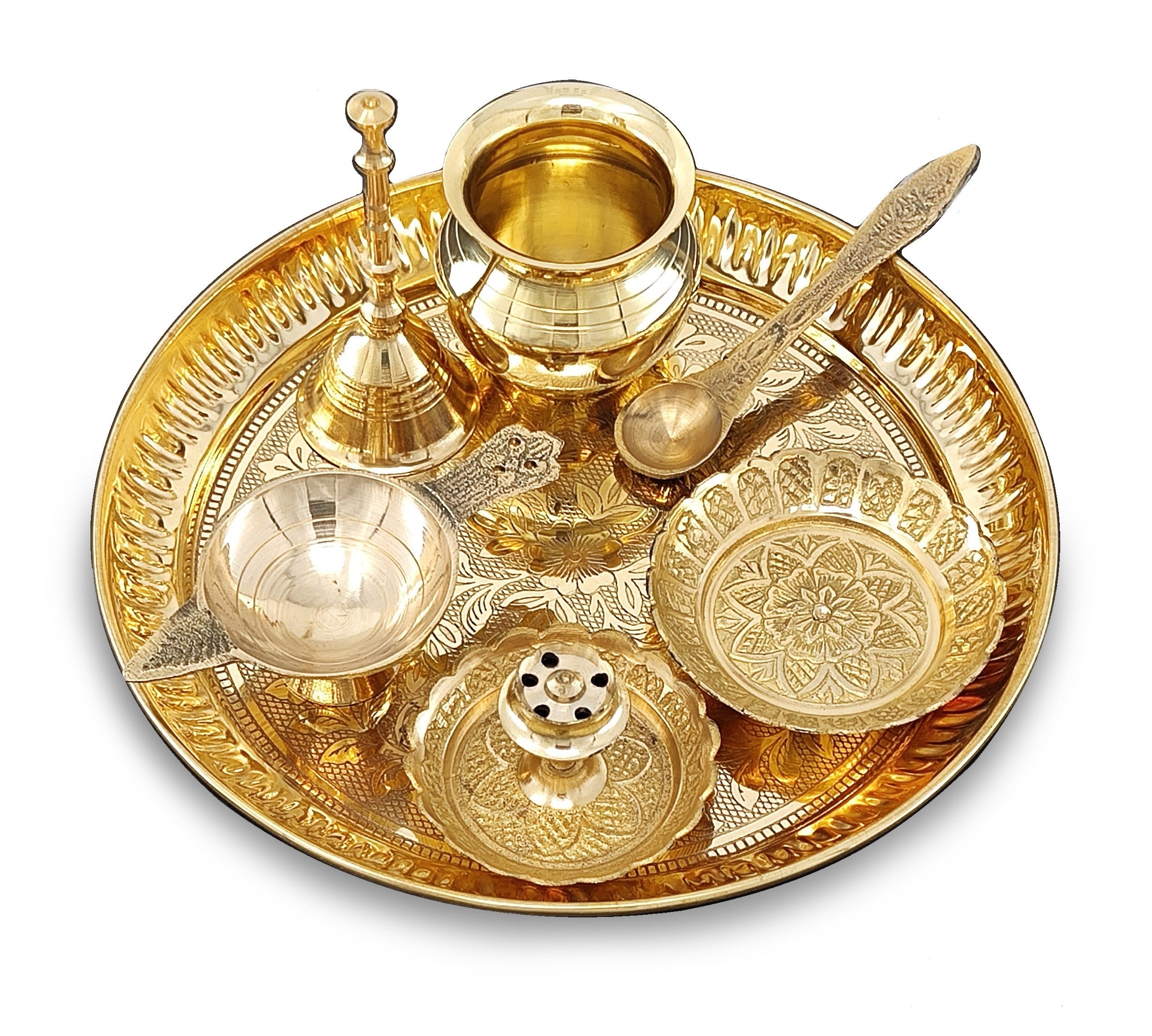 BENGALEN Brass Pooja Thali Set 7 Inch with Pital Puja Plate Kalash Bowl Spoon Dhup Dan Palli Ghanti Kuber Diya Chandan Wati Arti Thali for Diwali Home Office Mandir Wedding Return Gift Items