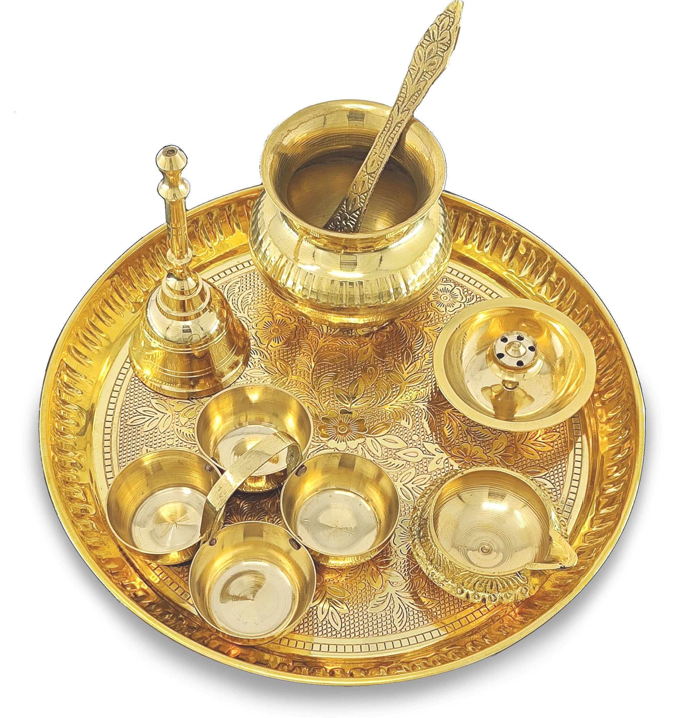 BENGALEN Brass Pooja Thali Set 8 Inch Puja Thali with Pital Plate Kalash Haldi Kumkum Holder Agarbatti Stand Kuber Diya Ghanti Palli Arti Thali for Diwali Home Office Mandir Wedding Return Gift Items