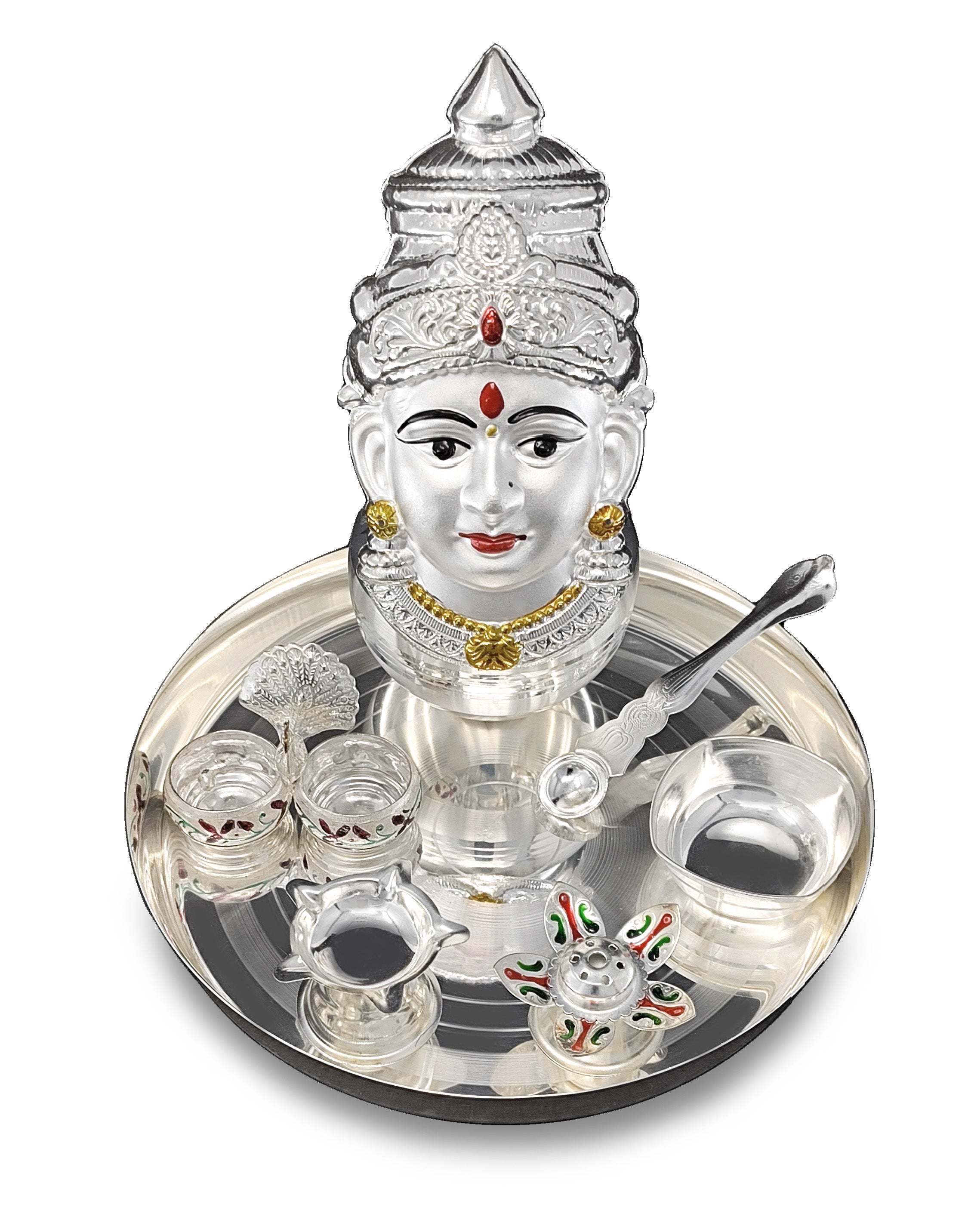 BENGALEN Silver Plated Pooja thali Set with Varalakshmi Devi Mukhota Idol Statue