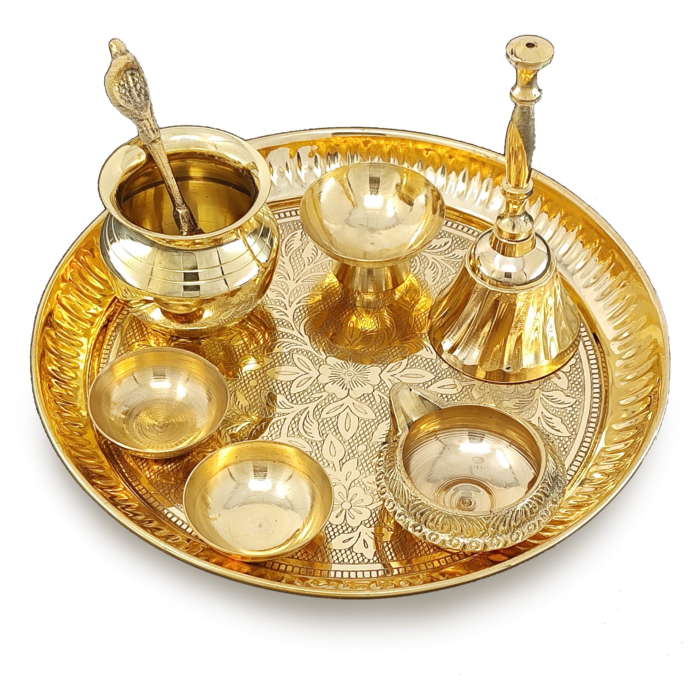BENGALEN Brass Pooja Thali Set 7 Inch with Pital Puja Plate Kalash Bowl Spoon Dhup Dan Palli Ghanti Kuber Diya Chandan Wati Arti Thali for Diwali Home Office Mandir Wedding Return Gift Items