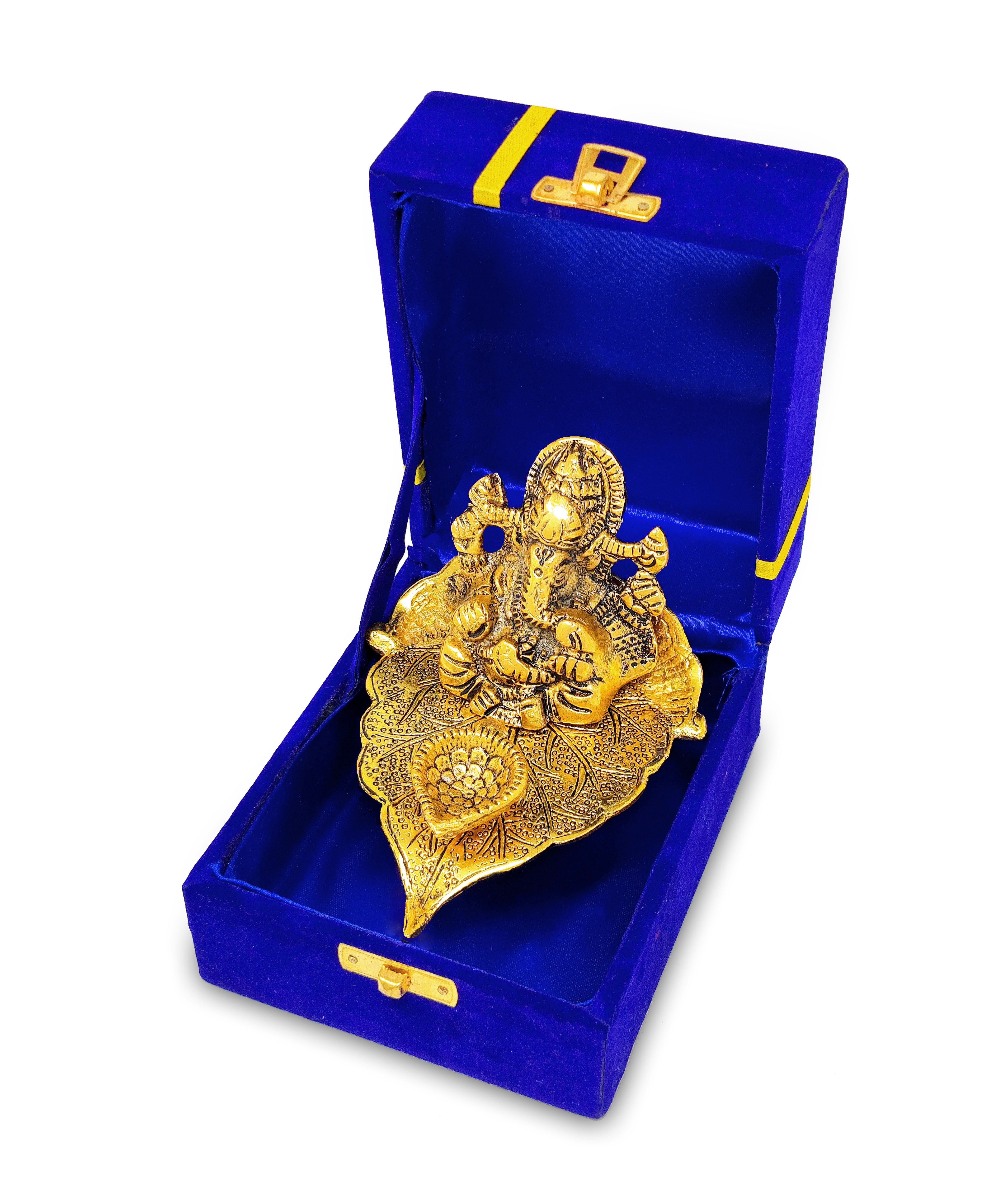 BENGALEN Diya Ganesha on Leaf Oil Lamp Statue Idol Gold with Blue Velvet Gift Box Pooja Items Diwali Decoration Puja Gifts Handmade Oil Lamp Traditional Indian Deepawali Gift Items
