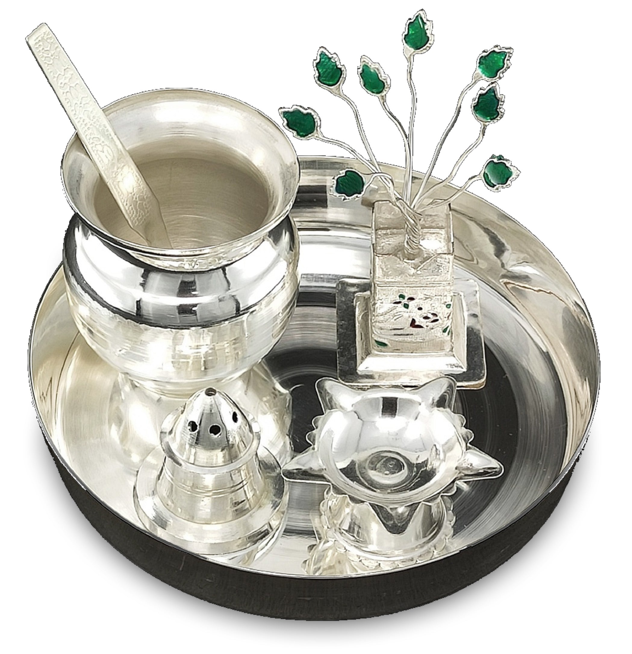BENGALEN Silver Plated Pooja Thali Set 5 Inch Plate Agarbatti Stand Kalash Spoon Diya Tulsi Idol Premium Puja Decorative for Home Office Wedding Return Gift Items