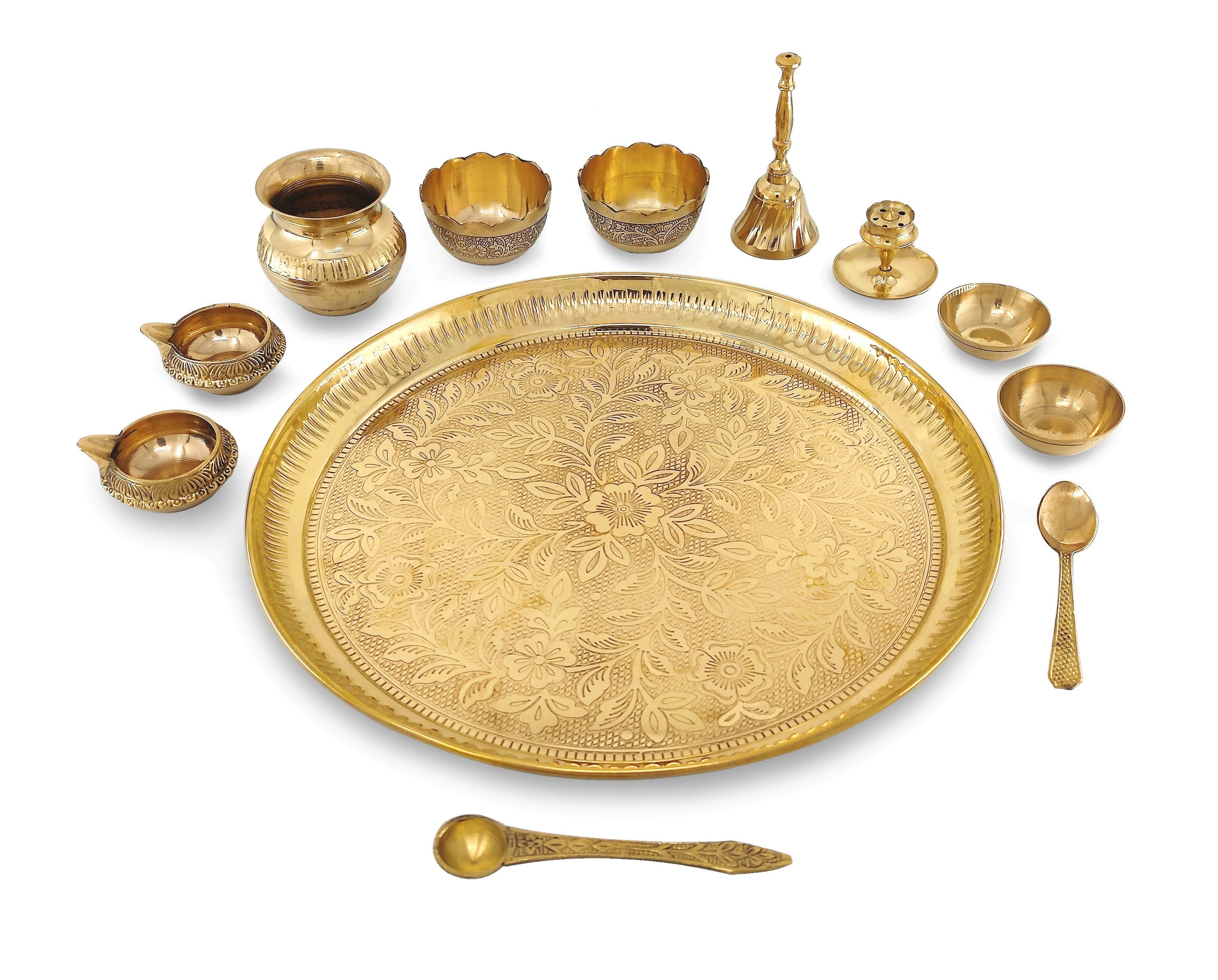 Bengalen Brass Pooja Thali Set 12 Inch with Pital Plate Kalash Bowl Spoon Palli Ghanti Kuber Diya Chandan Wati Dhup Dan Puja Thali for Diwali Home Office Mandir Wedding Return Gift Items