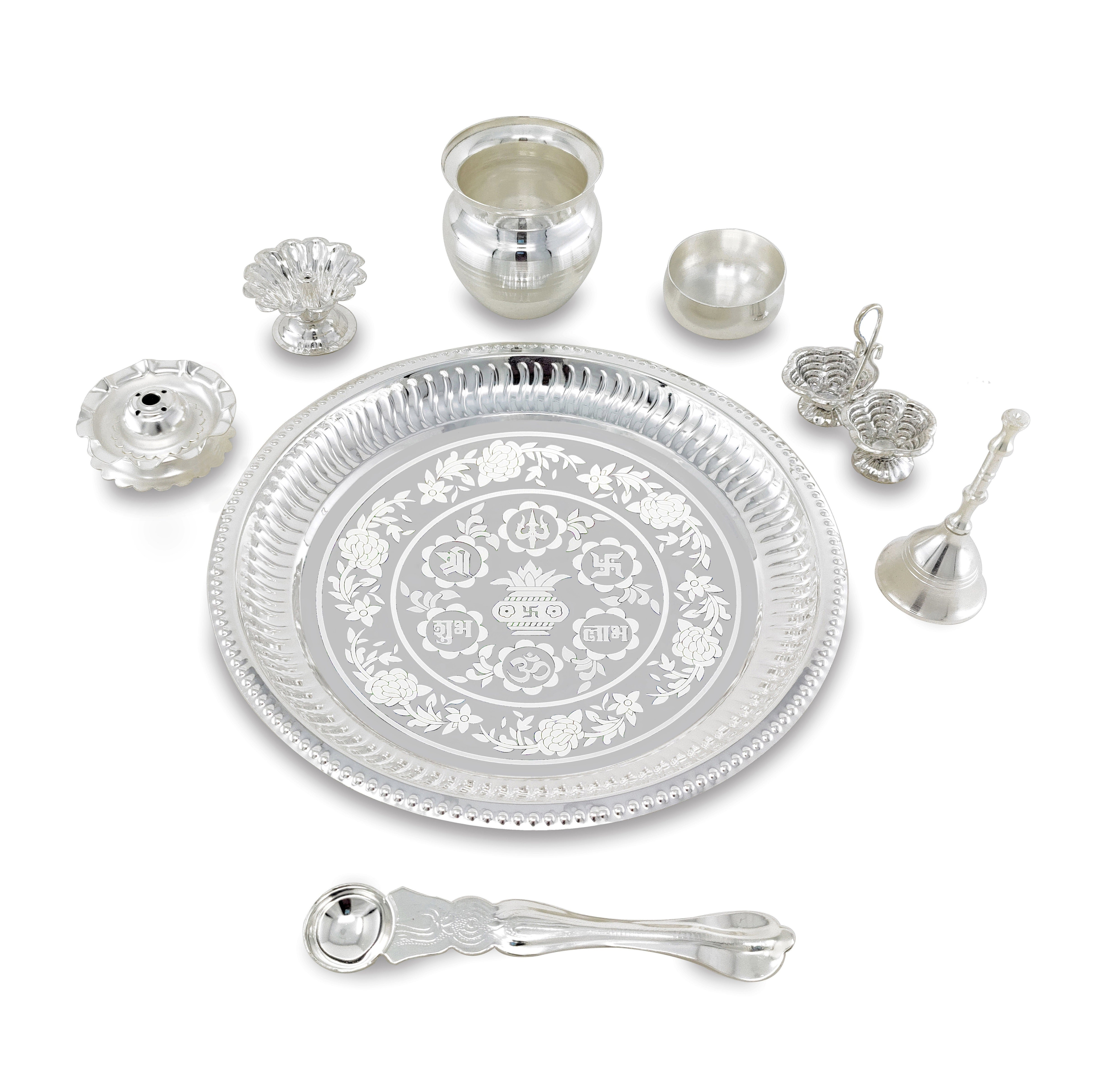 BENGALEN Pooja Thali Set Silver Plated with Grey Gift Box Puja Plate Devdas Diya Kalash Bowl Palli Haldi Kumkum Stand Dhup Dan Ghanti for Home Office Diwali Wedding Return Gifts