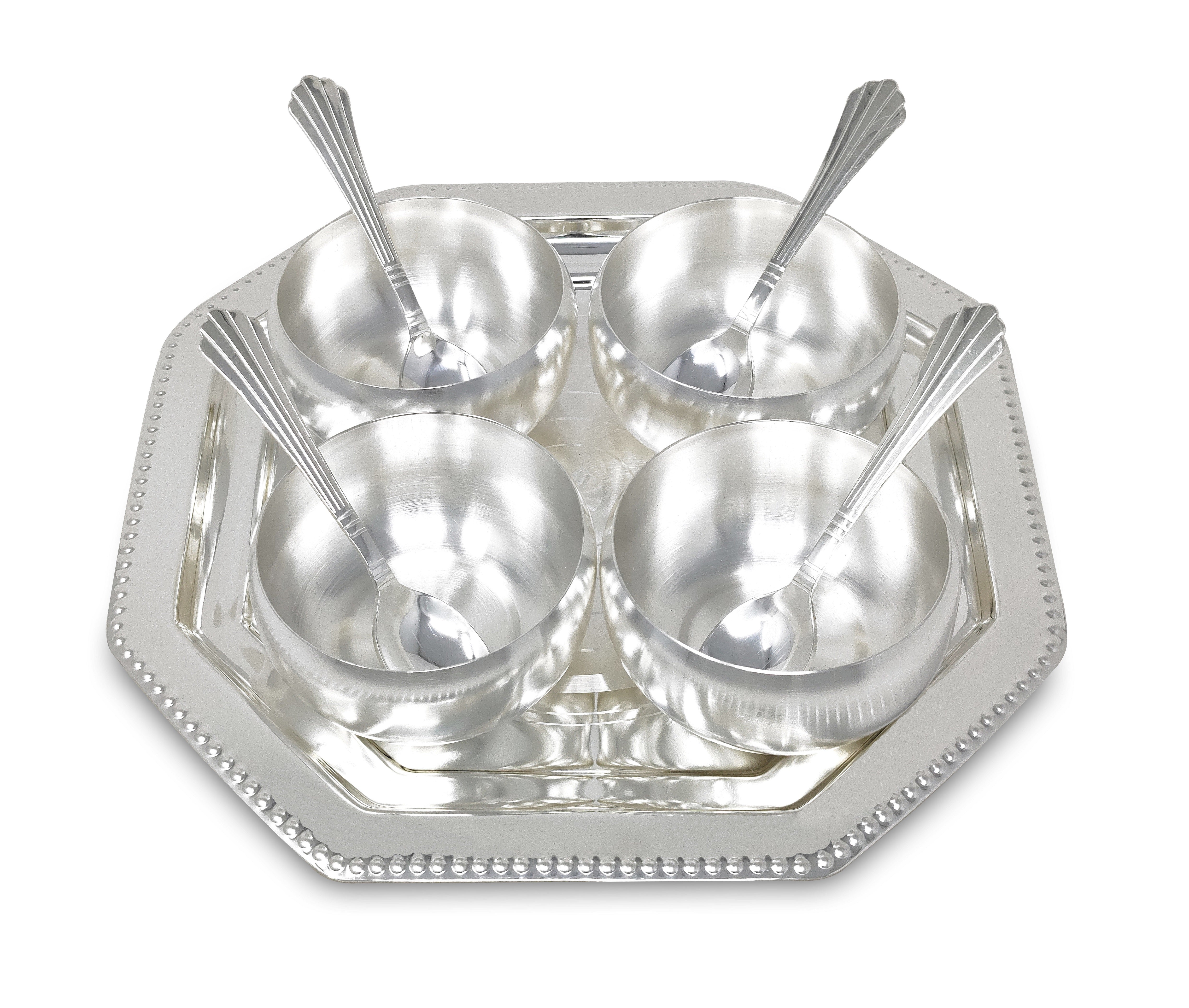 BENGALEN Bowl Spoon Tray Set Silver Plated Dessert Dry Fruits Ice Cream Serving Diwali Christmas Eid Wedding Return Gifts Friends Family Home Decoration Housewarming Corporate Gift Items