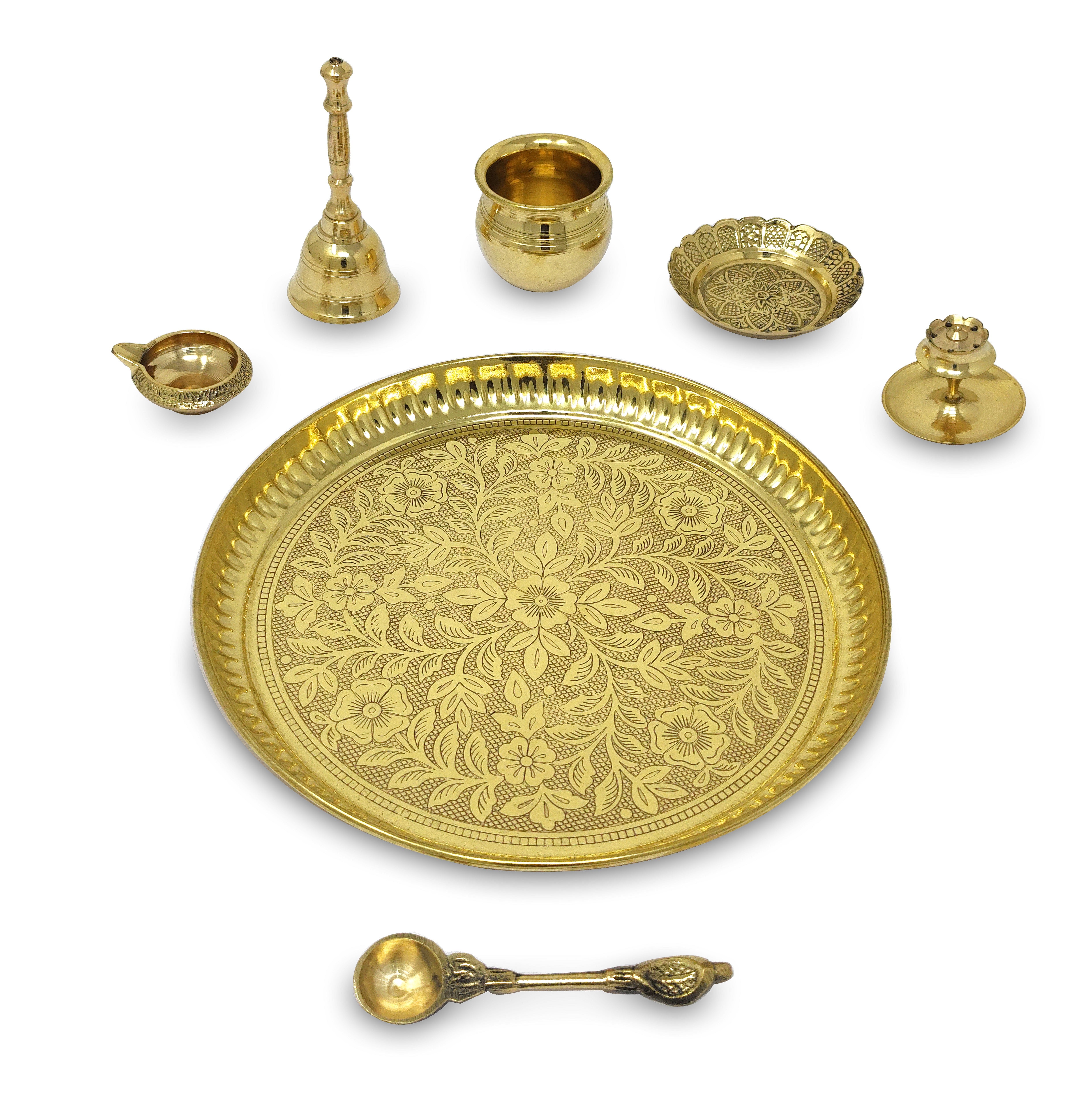 BENGALEN Brass Pooja Thali Set with Blue Gift Box 8 Inch