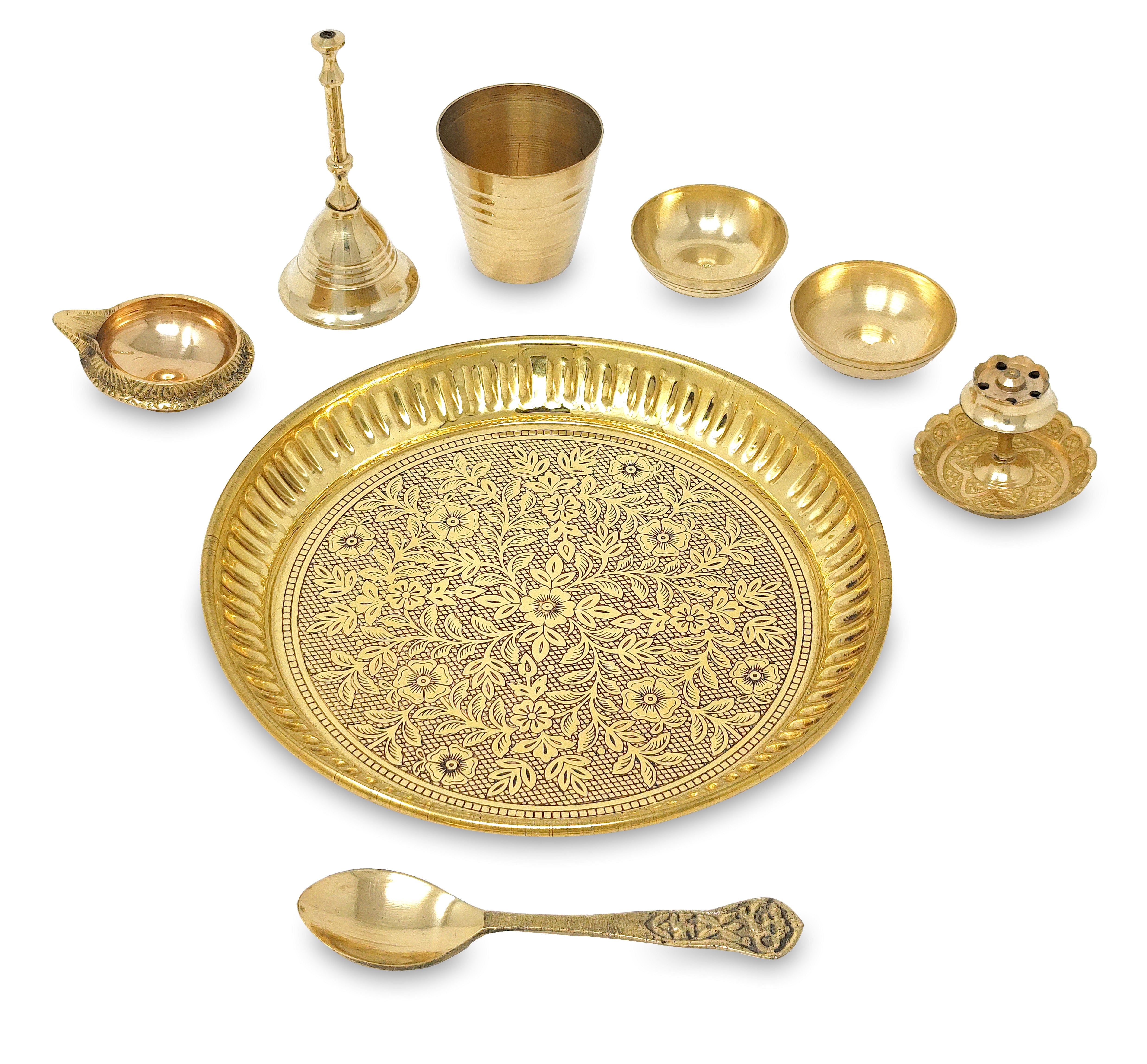 বেঙ্গালেন ব্রাস পূজা থালি সেট 6 ইঞ্চি পূজা থালি সঙ্গে পিটাল প্লেট গ্লাস চন্দন ওয়াটি ধুপ দান কুবের দীপ ঘাঁটি চামচ আরতি থালি দীপাবলি হোম অফিস মন্দির বিবাহের উপহার সামগ্রী ফেরত