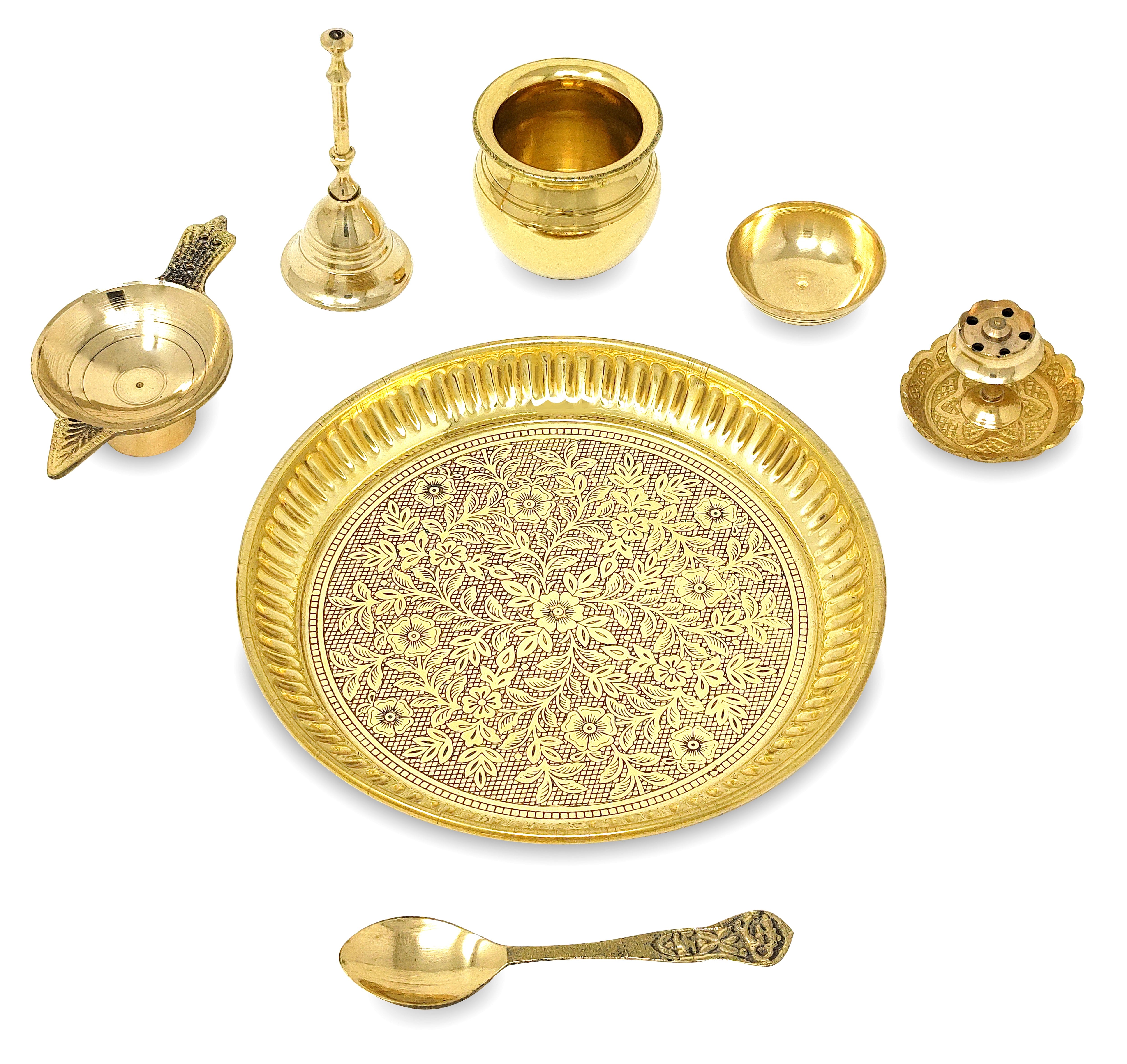 BENGALEN Brass Pooja Thali Set 6 Inch Puja Thali with Pital Plate Kalash Spoon Chandan Wati Dhup Dan Diya Ghanti Arti Thali for Diwali Home Office Mandir Wedding Return Gift Items