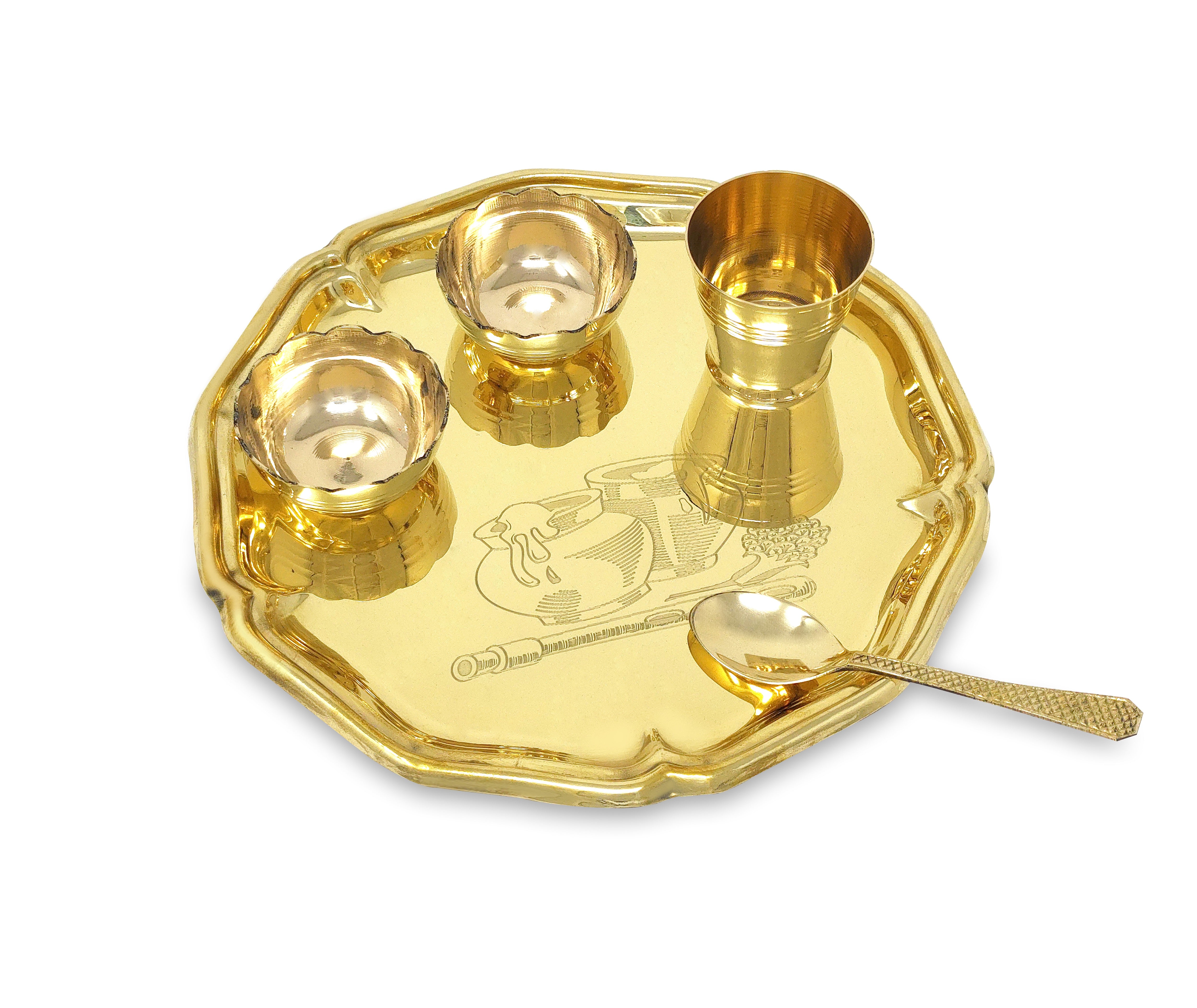 BENGALEN Pooja thali Set Brass Small 8 Inch Laddu Gopal Bhog Thali for Janmashtami Decoration Puja Item Festival Puja Krishna Bhog Thali Set for Home Office Mandir Return Gift Items