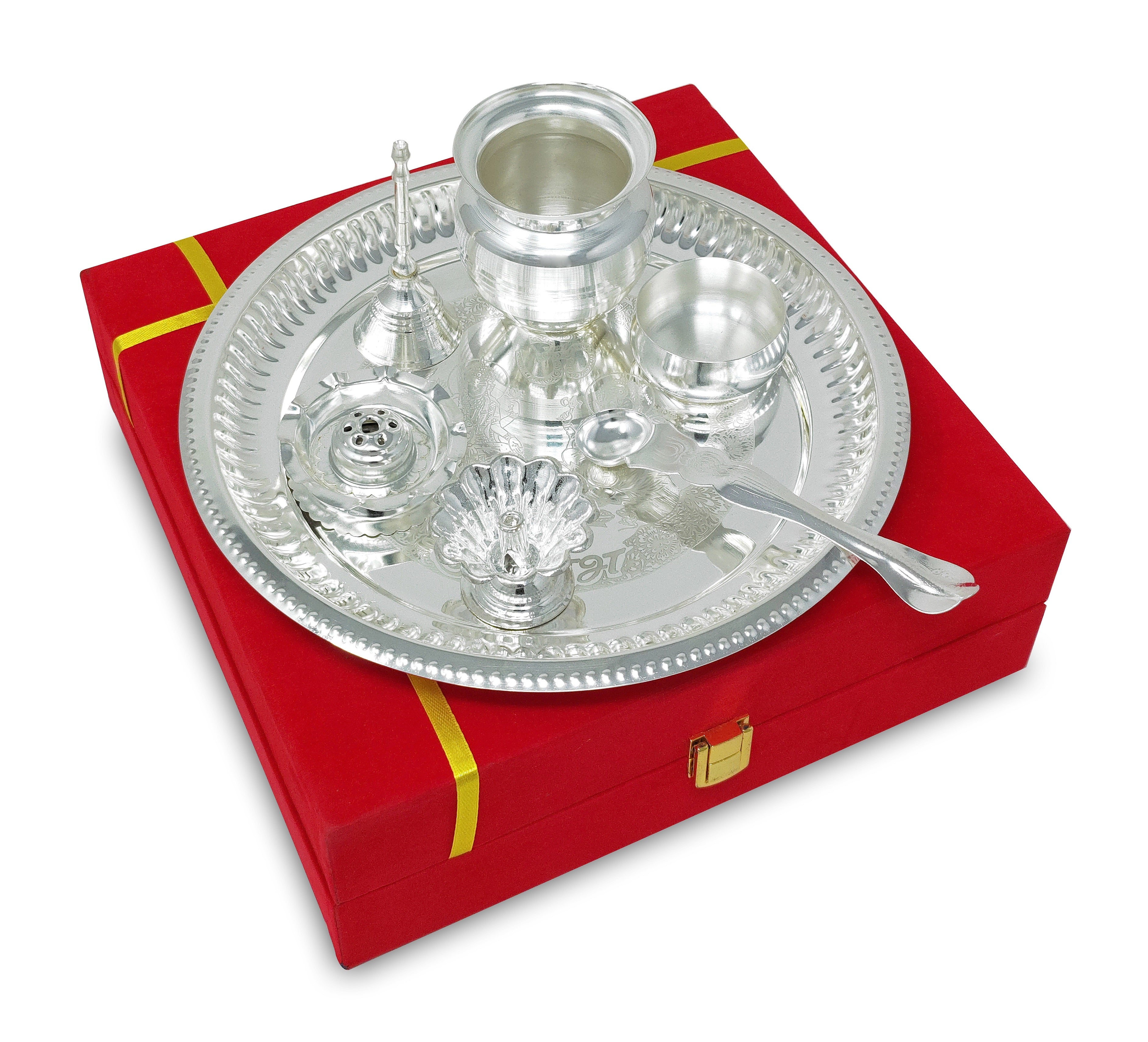 BENGALEN Pooja Thali Set Silver Plated with Red Gift Box Puja Plate Devdas Diya Kalash Bowl Palli Haldi Kumkum Stand Dhup Dan Ghanti for Home Office Diwali Wedding Return Gifts