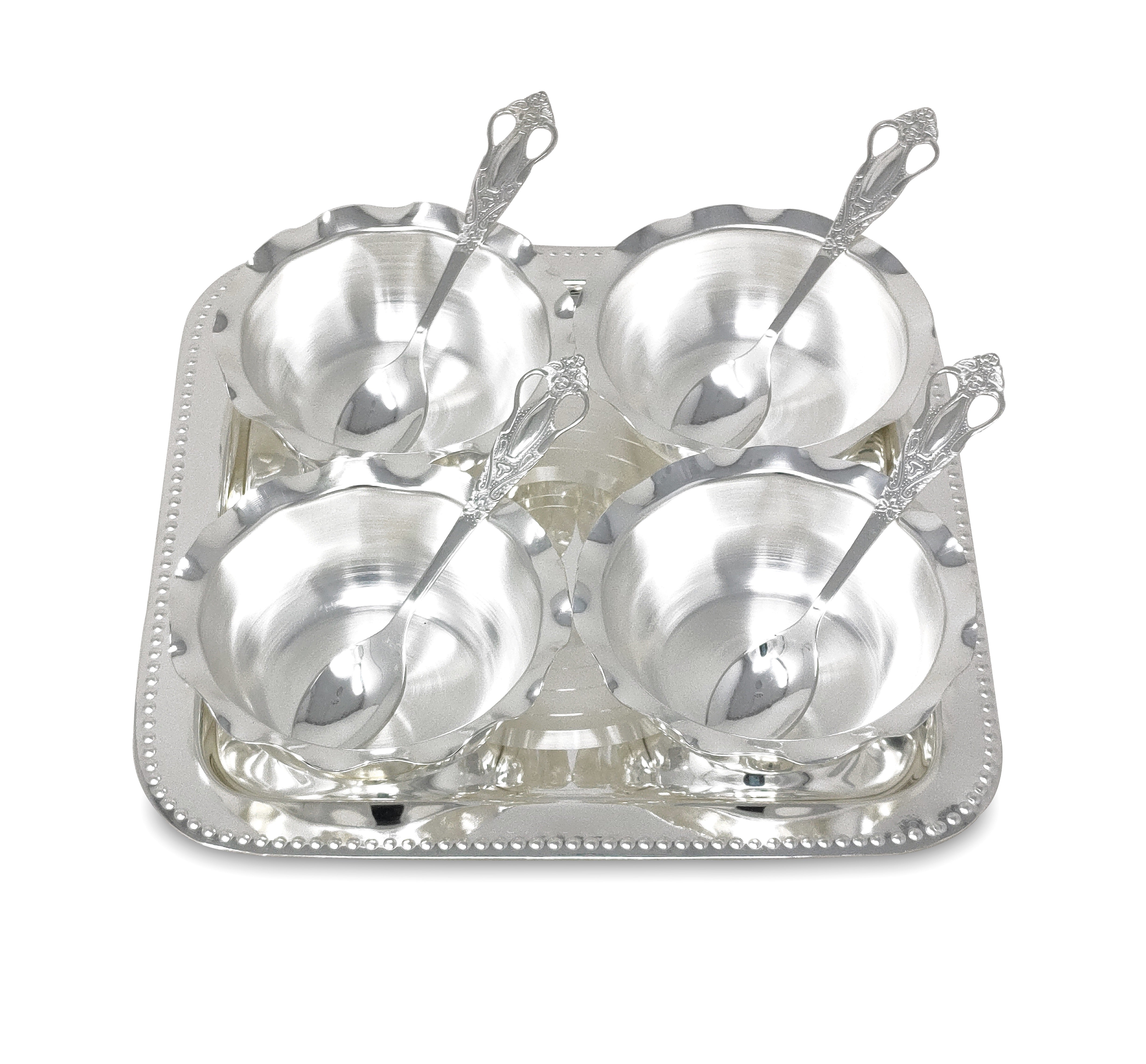 BENGALEN Bowl Spoon Tray Set Silver Plated Dessert Dry Fruits Ice Cream Serving Diwali Christmas Eid Wedding Return Gifts Friends Family Home Decoration Housewarming Corporate Gift Items
