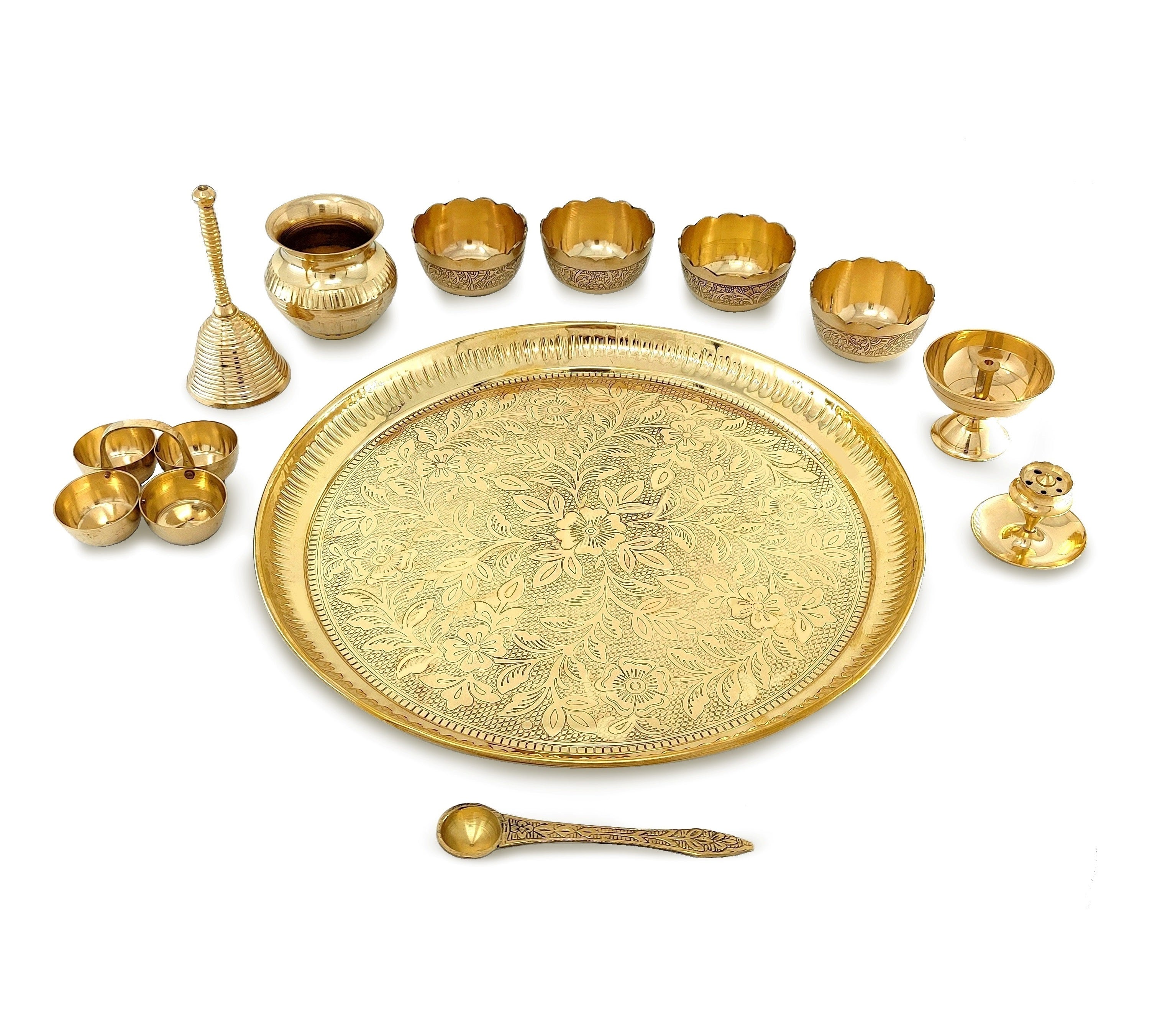 Bengalen Brass Pooja Thali Set 12 Inch with Pital Plate Kalash Bowl Spoon Haldi Kumkum Stand Ghanti Piyali Diya Puja Thali for Diwali Home Office Mandir Wedding Return Gift Items