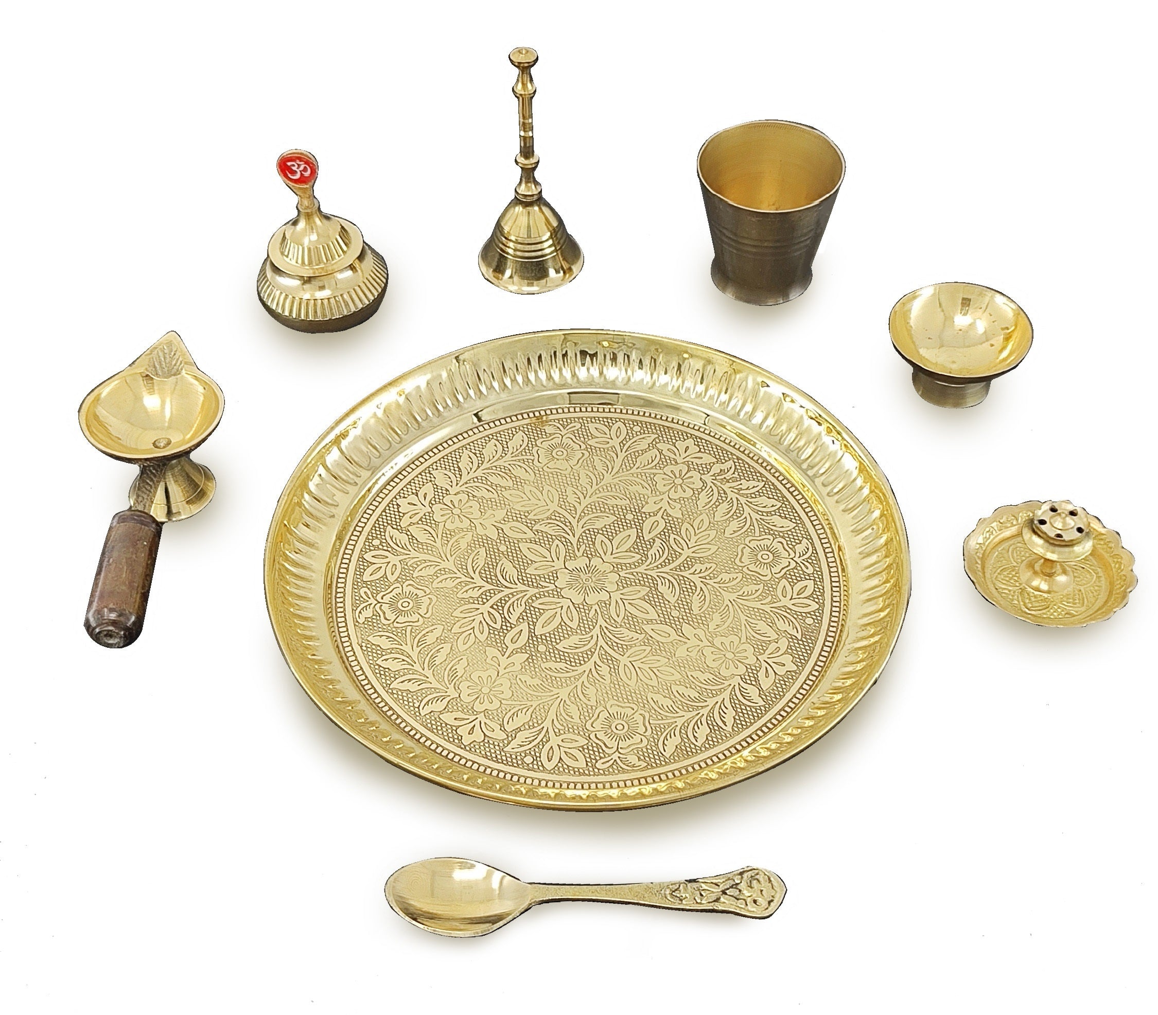 BENGALEN Brass Pooja Thali Set 7 Inch with Pital Puja Plate Kalash Bowl Spoon Dhup Dan Palli Ghanti Kuber Diya Chandan Wati Arti Thali for Diwali Home Office Mandir Wedding Return Gift Items