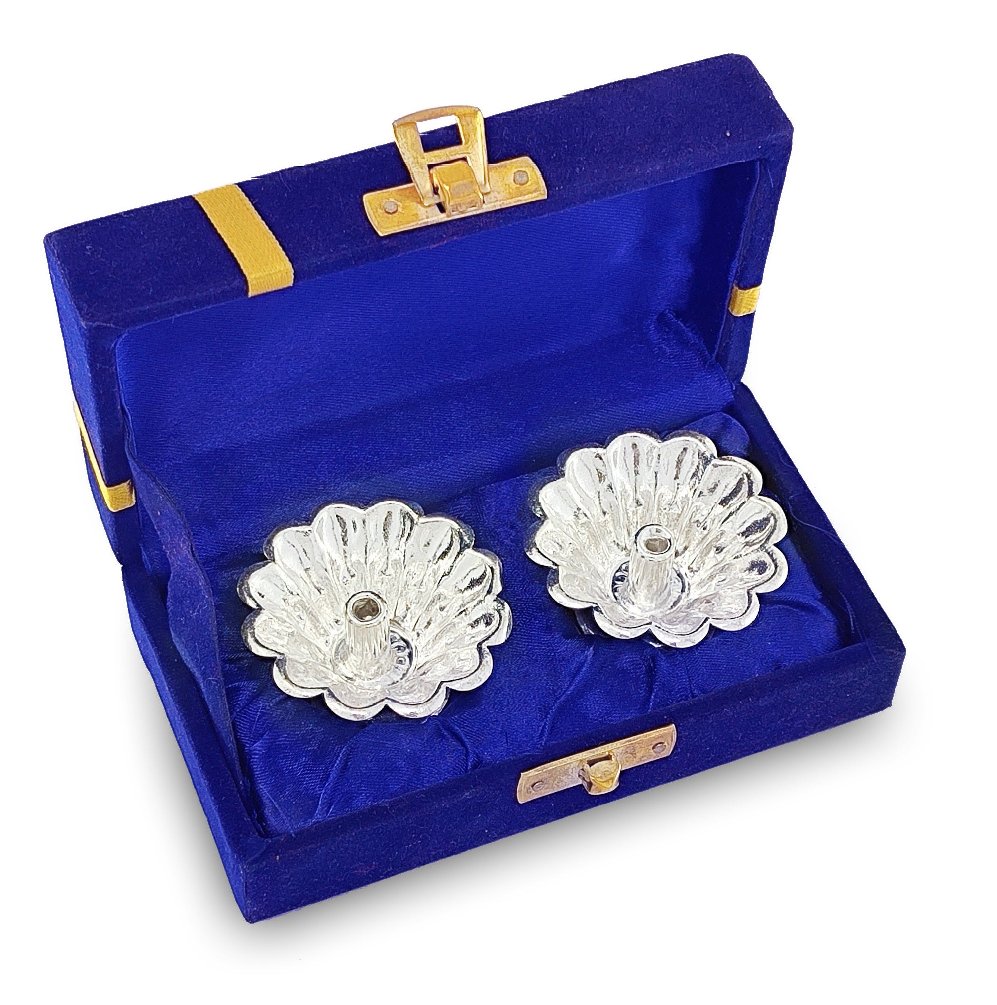 BENGALEN Silver Plated Diya with Blue Velvet Gift Box Dia Pooja Items Diwali Decoration Puja Gifts Handmade Oil Lamp Traditional Indian Deepawali Gift Items