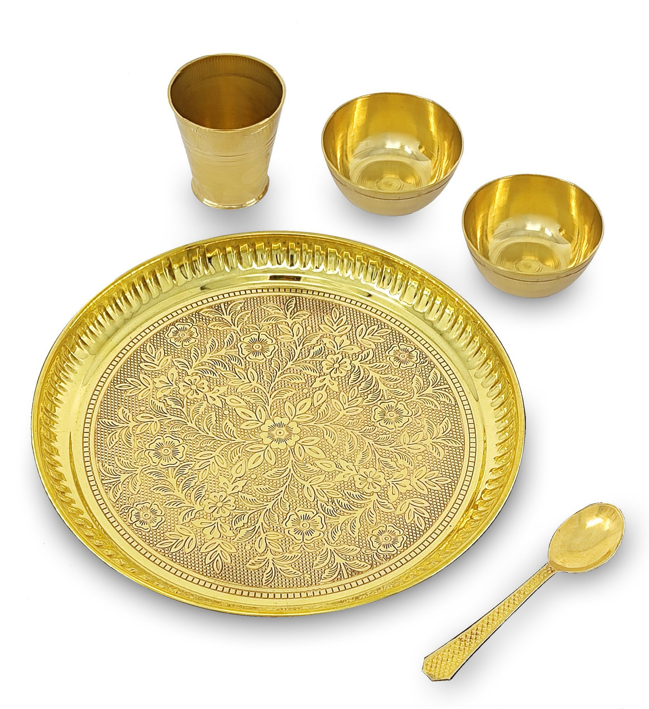 BENGALEN Brass Pooja Bhog Thali Set 8 Inch Puja Bhog Thali with Pital Plate Bowl Glass Spoon Arti Thali for Diwali Home Office Mandir Wedding Return Gift Items