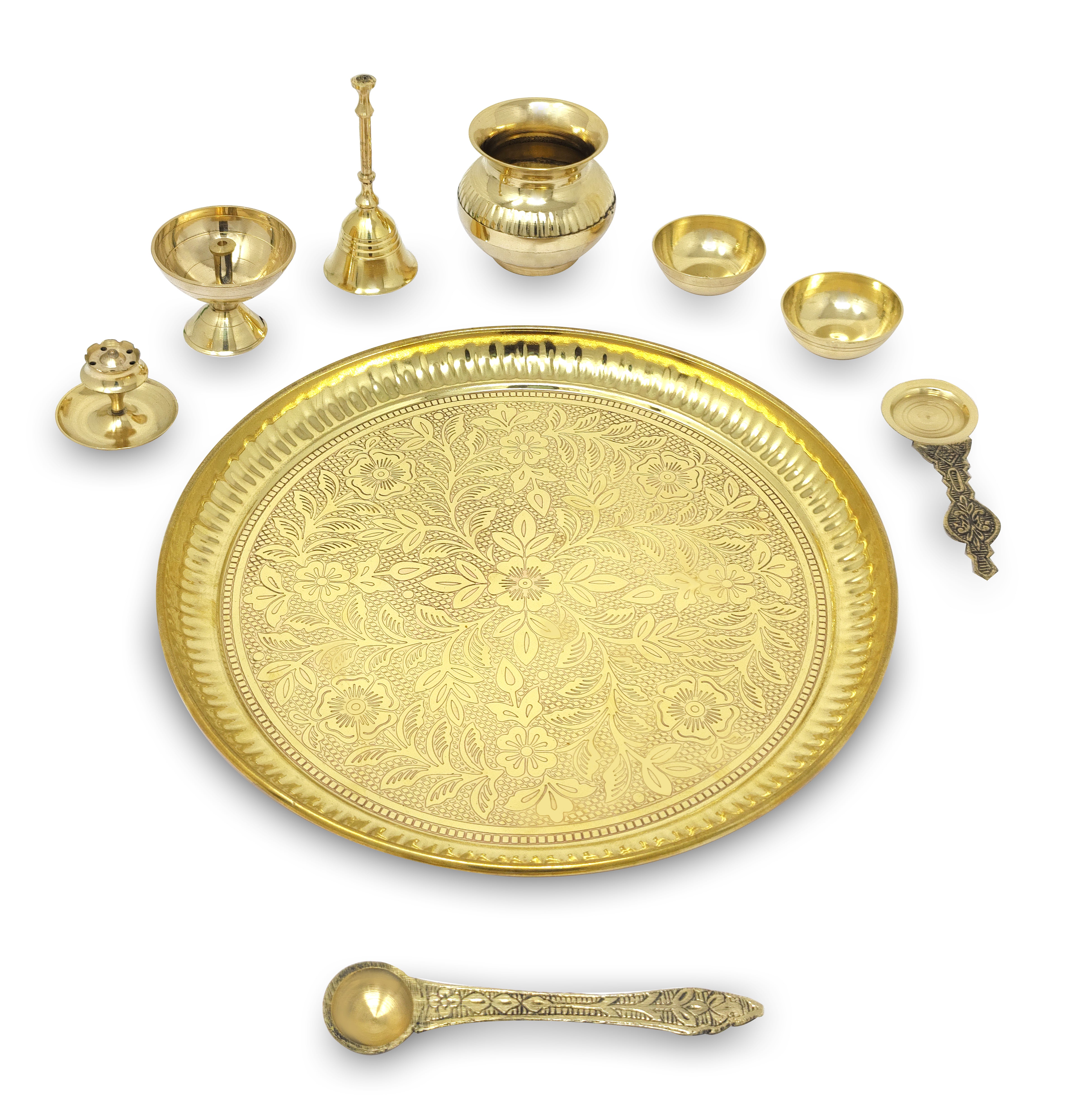 BENGALEN Brass Pooja Thali Set with Red Gift Box 10 Inch